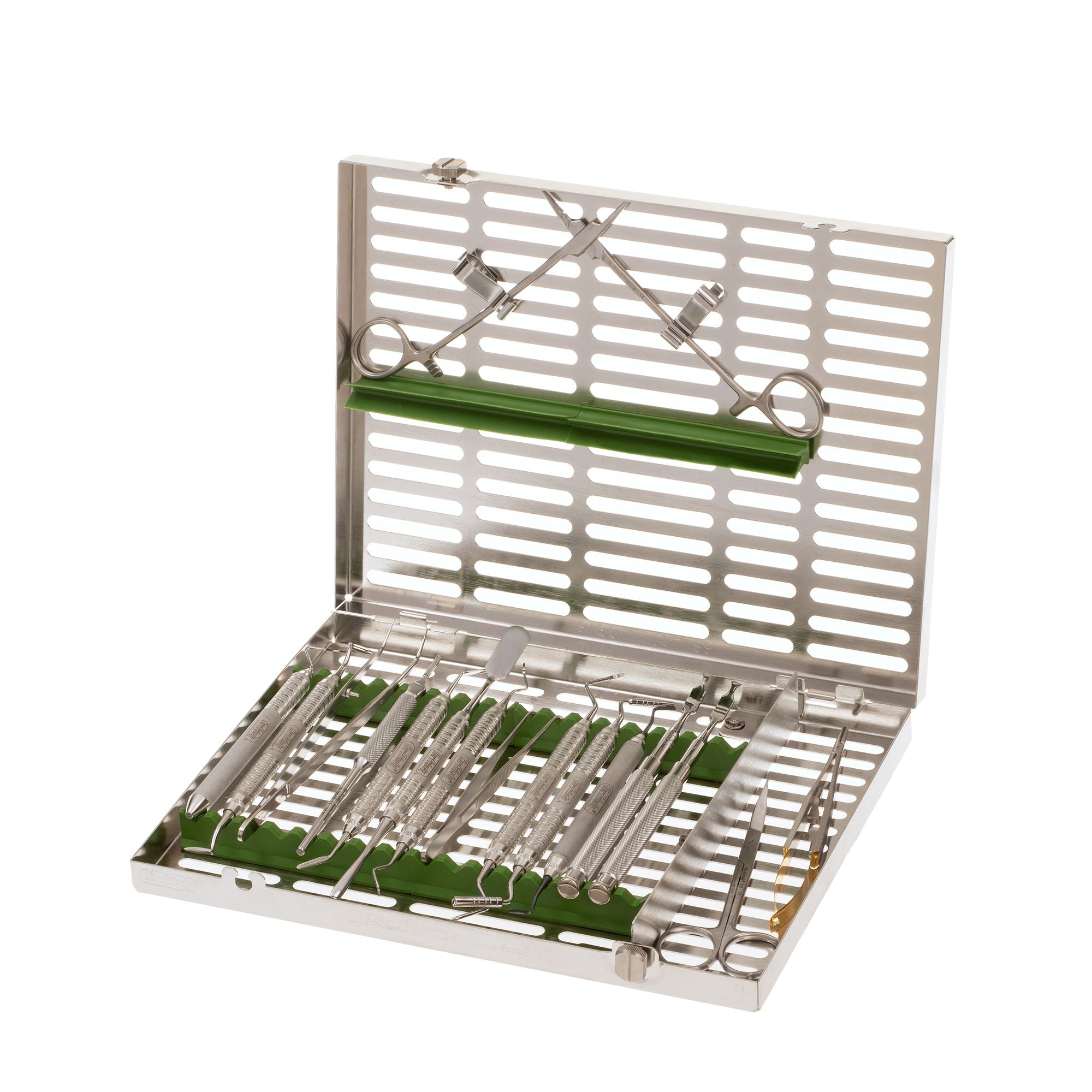 The Hu-Friedy Grisdale Bone Grafting Kit includes a metal case with a slotted lid and base, organizing dental tools like picks, mirrors, and forceps—ideal for dental surgery or use in bone grafting procedures.