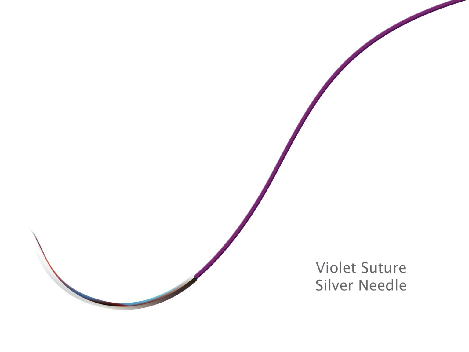 A curved silver needle with a violet absorbable monofilament suture (Resorba Glycolon PGA-PCL Sutures by Resorba) is shown on a white background, with "Violet Suture Silver Needle" in gray text.