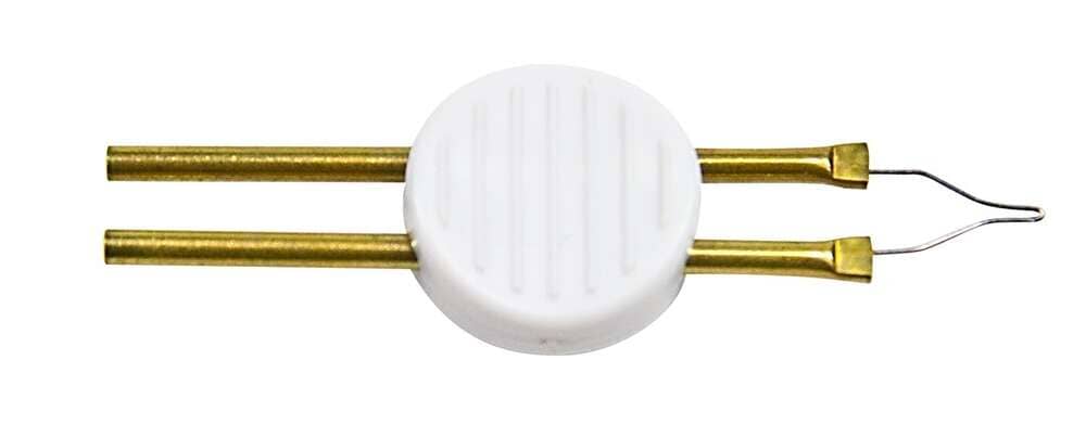 A close-up of a Bovie Cautery replacement tip - Standard Straight fine, showing two parallel gold leads and an exposed thin wire on one end, set against a plain white background.