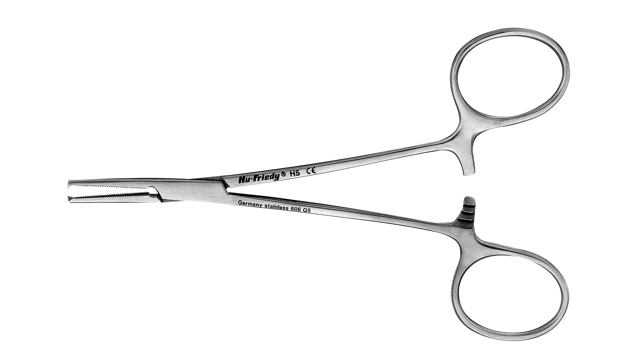 The Hu-Friedy #5 Hemostat 1x2 teeth by Hu-Friedy is a locking stainless steel forceps with two finger rings, designed to clamp blood vessels or hold objects securely during medical procedures.