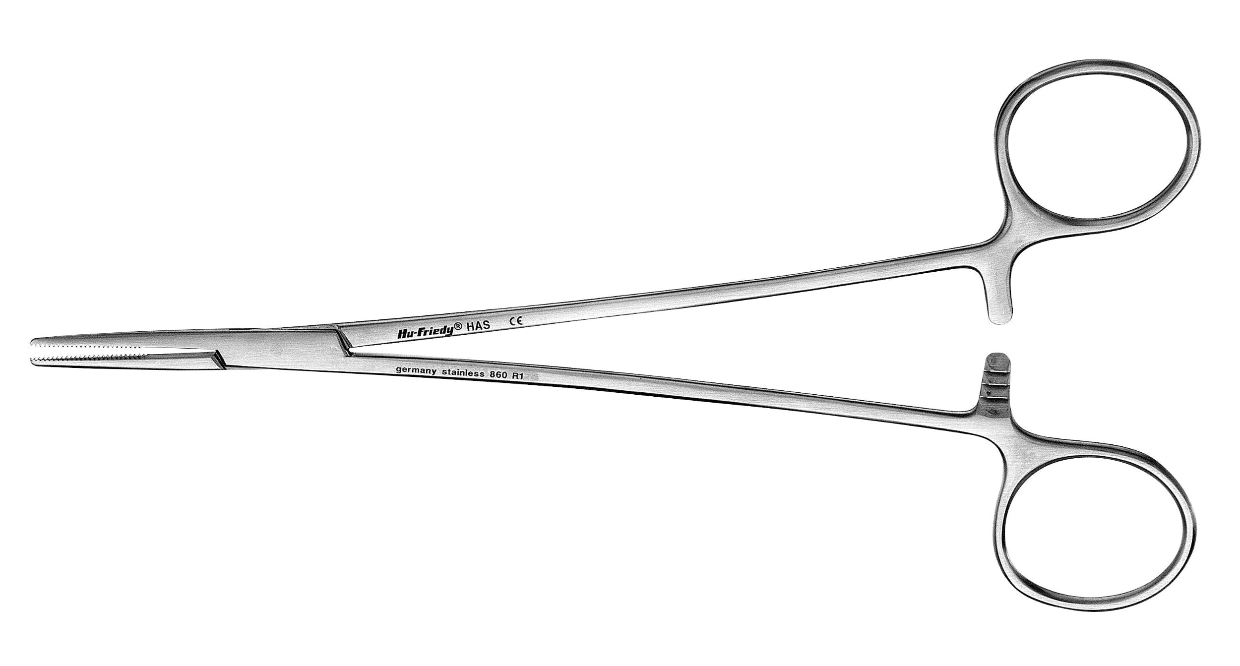 The Hu-Friedy Adson 7.5" Hemostats by Hu-Friedy feature two finger rings, a long straight body, and serrated tips for clamping blood vessels during surgery, shown isolated on a white background.