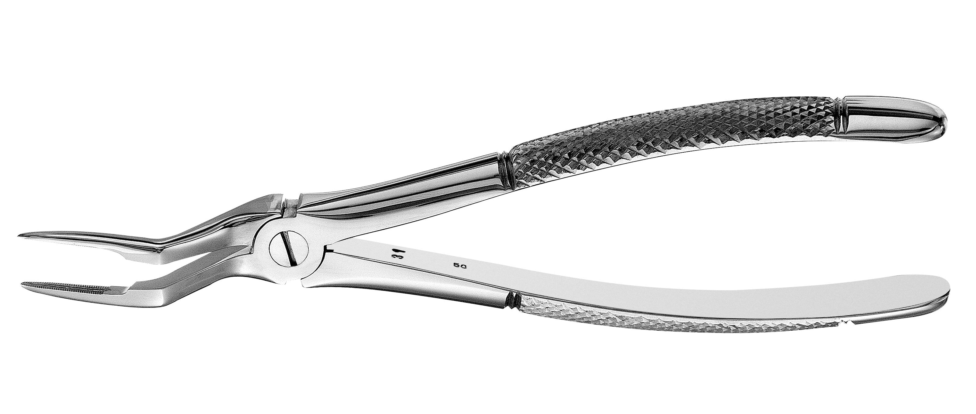 The Hu-Friedy #97 Root Forceps, Serrated, features stainless steel construction with serrated handles and curved beaks for effective gripping and tooth removal.