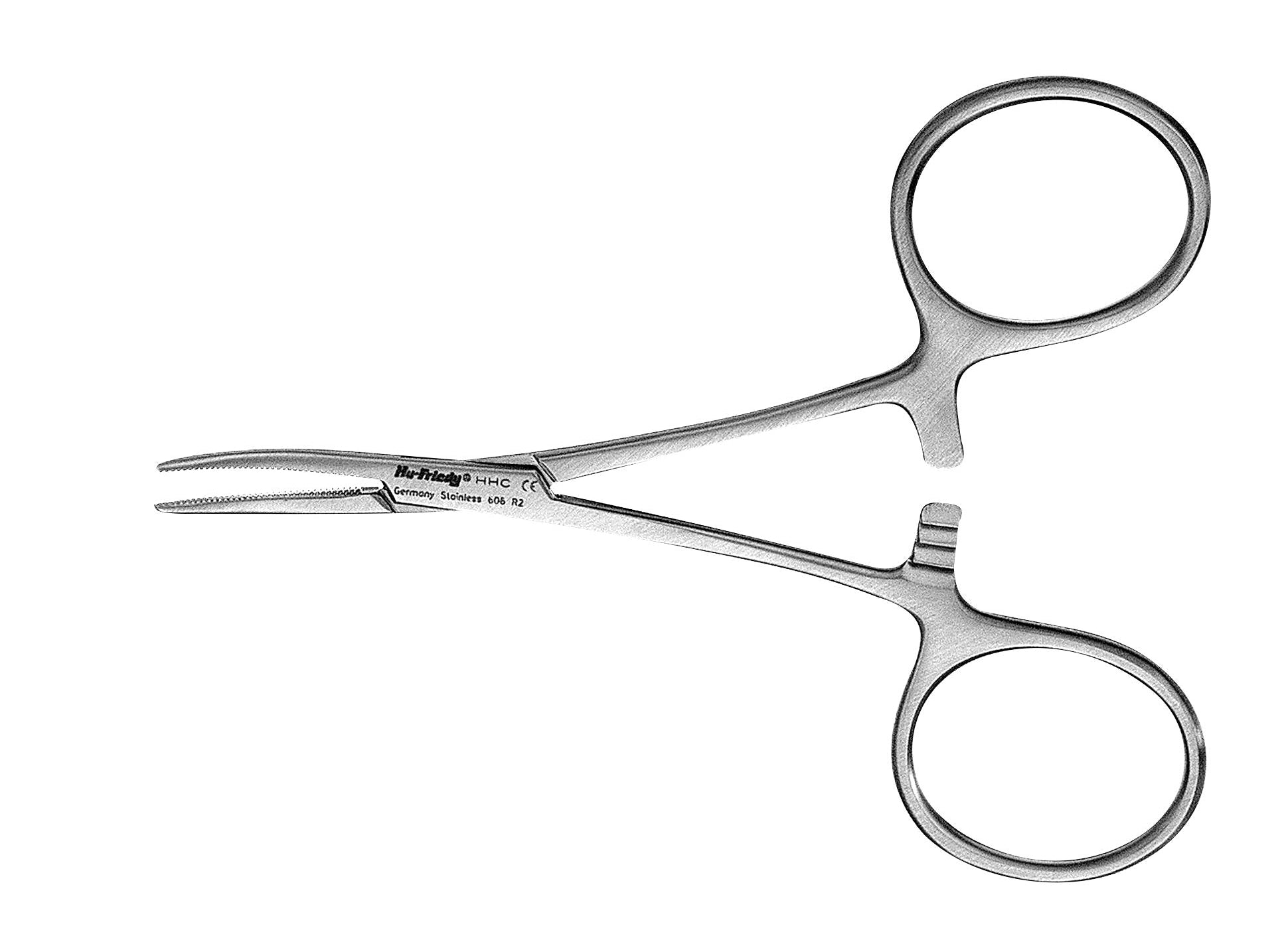 The Hu-Friedy Hartmann 4" Hemostats by Hu-Friedy are stainless steel precision forceps with curved handles and a locking mechanism, typically used in medical and surgical procedures, shown on a white background.