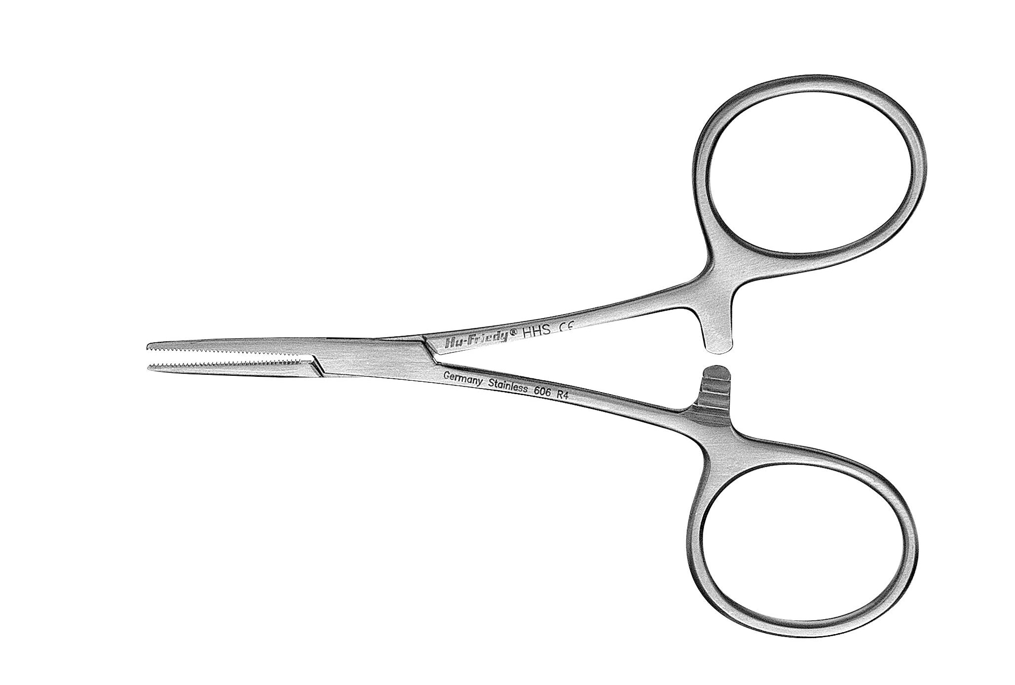A pair of Hu-Friedy Hartmann 4" Hemostats, made of stainless steel with a locking mechanism and serrated jaws, displayed on a white background.