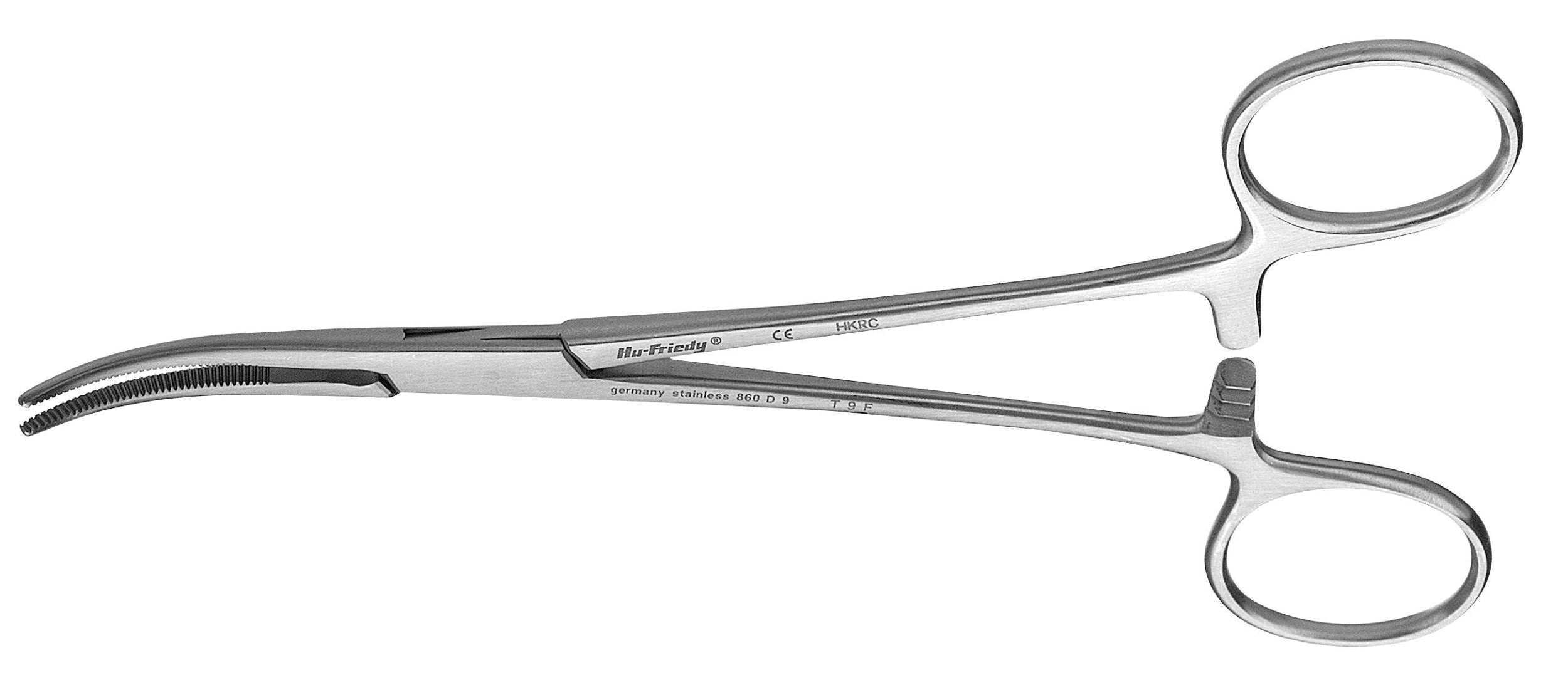 Hu-Friedy Kelly-Rankin Hemostats are stainless steel, curved locking forceps with dual finger rings and a secure lock, designed by Hu-Friedy for clamping blood vessels during surgical procedures.