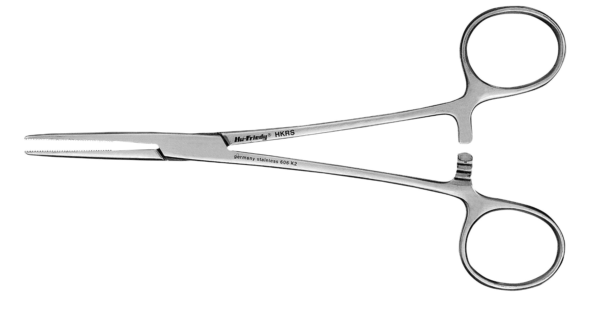A pair of Hu-Friedy Kelly-Rankin Hemostats by Hu-Friedy, crafted from stainless steel with curved handles and a locking mechanism for vessel control, is shown on a white background for use in medical or surgical settings.