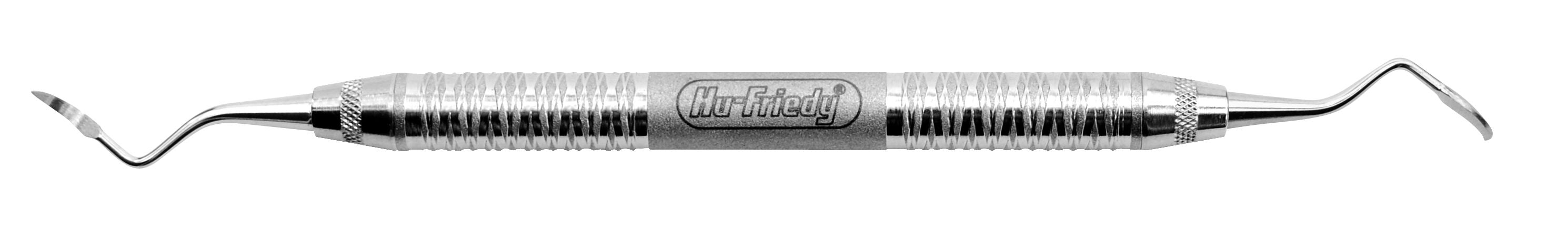 The Hu-Friedy Hoexter Periodontal Surgical Curettes (H1–H3) are double-ended metal instruments with textured grips and curved tips, ideal for periodontal procedures or osseous debridement.