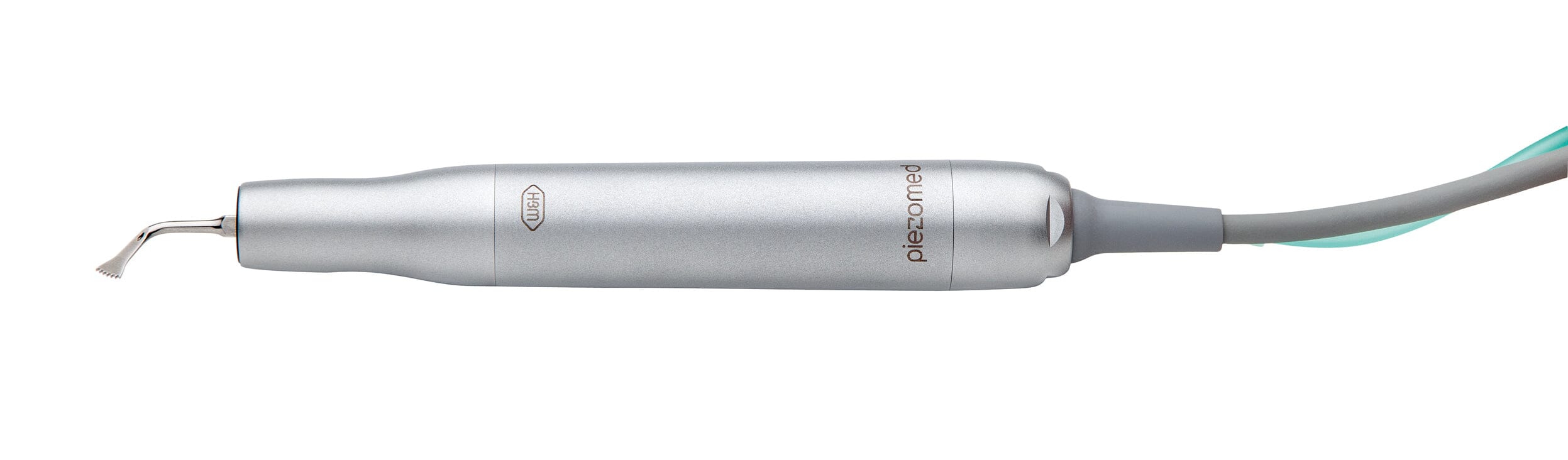 A close-up of the W&H Piezomed SA-320 Handpiece with Cable, featuring a curved metal tip and gray cord, designed for ultrasonic bone surgery by W&H, set against a white background.