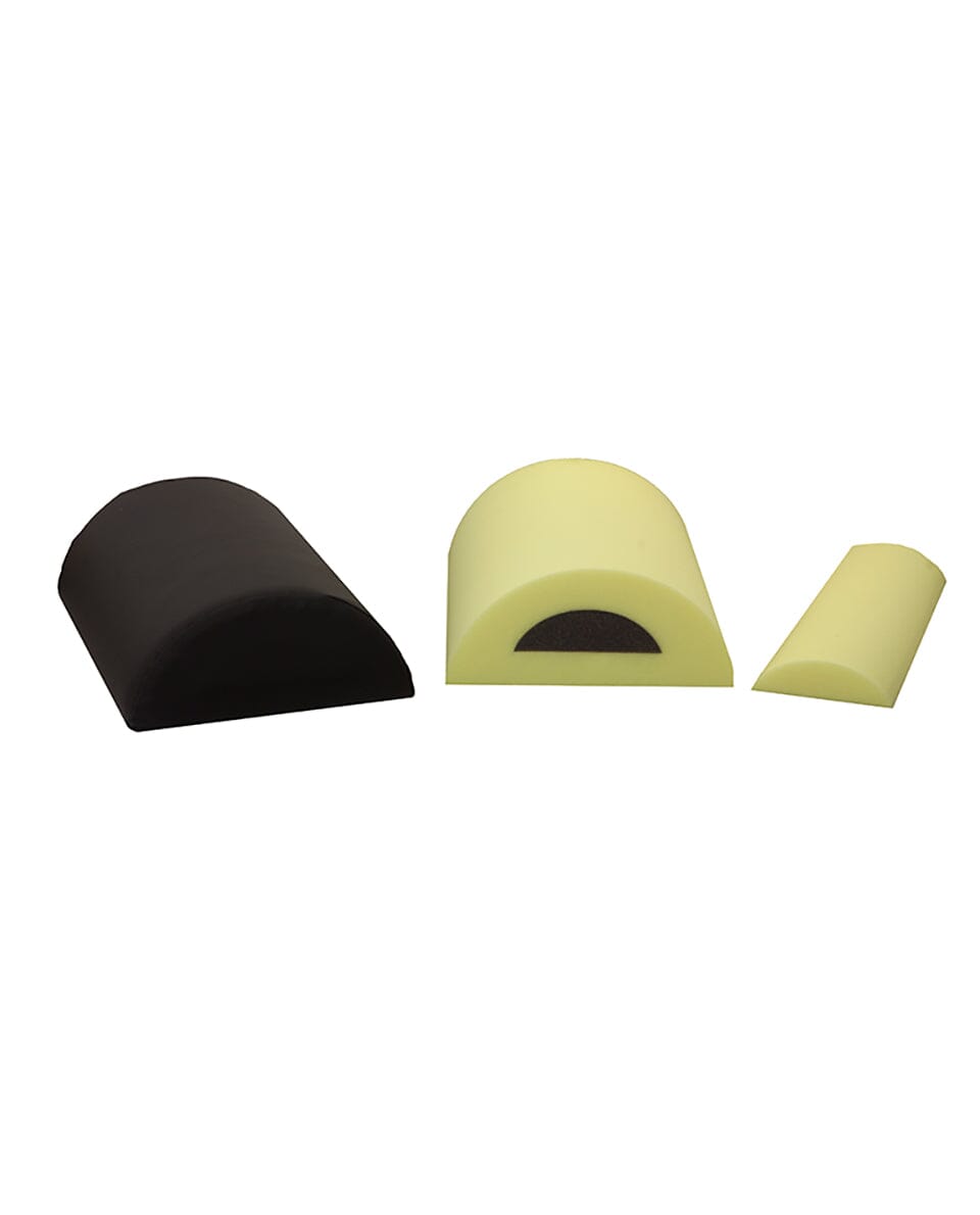Three foam pads—black, yellow with a dark inner layer, and plain yellow—are lined up. Each is part of the Mediposture Dental Chair Overlay System with 6" iCore Geriatric Memory Headrest, designed for enhanced patient comfort.