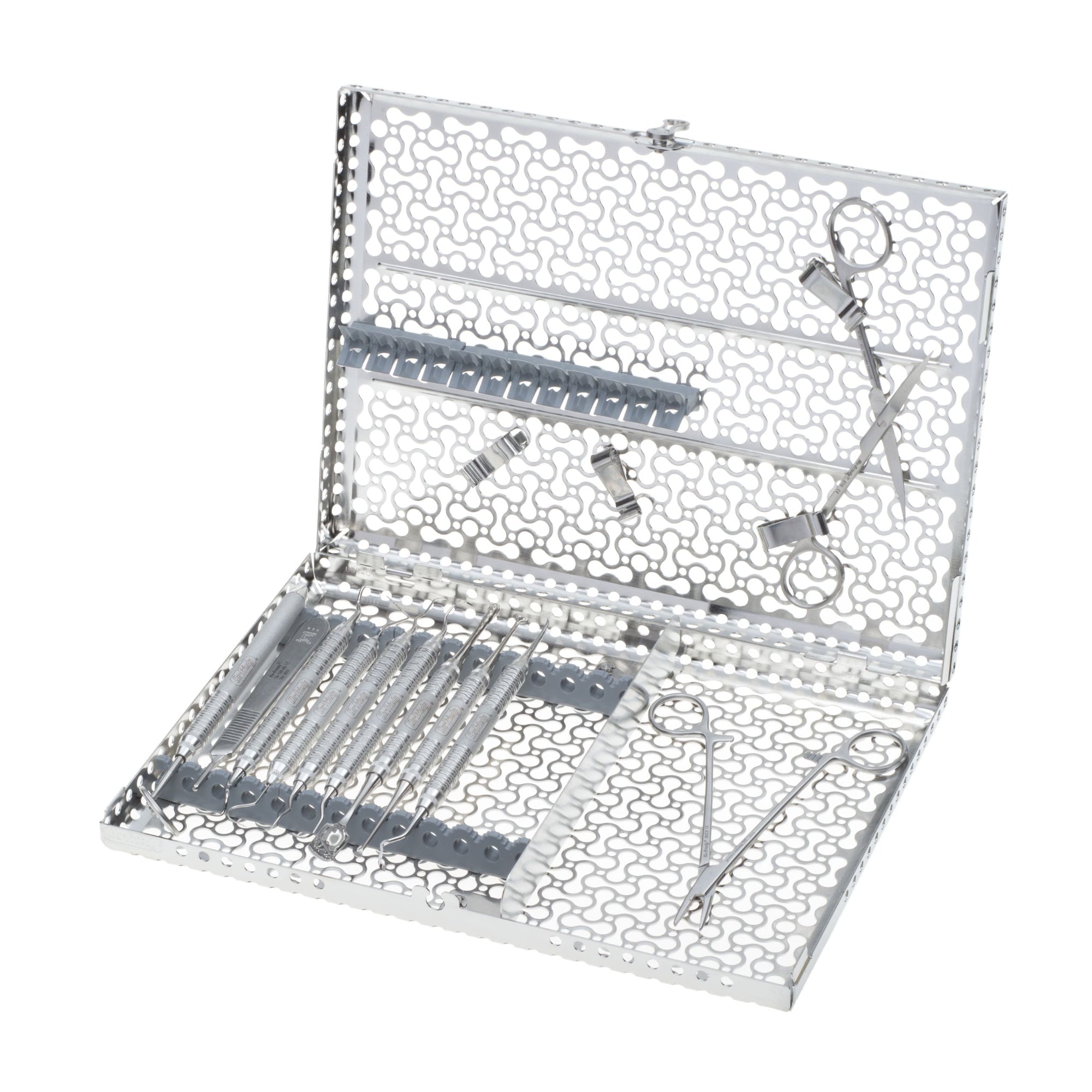 A Hu-Friedy Basic Perio Kit in a metal tray with a hinged lid contains stainless steel forceps, clamps, and rods, all neatly arranged inside the perforated case.