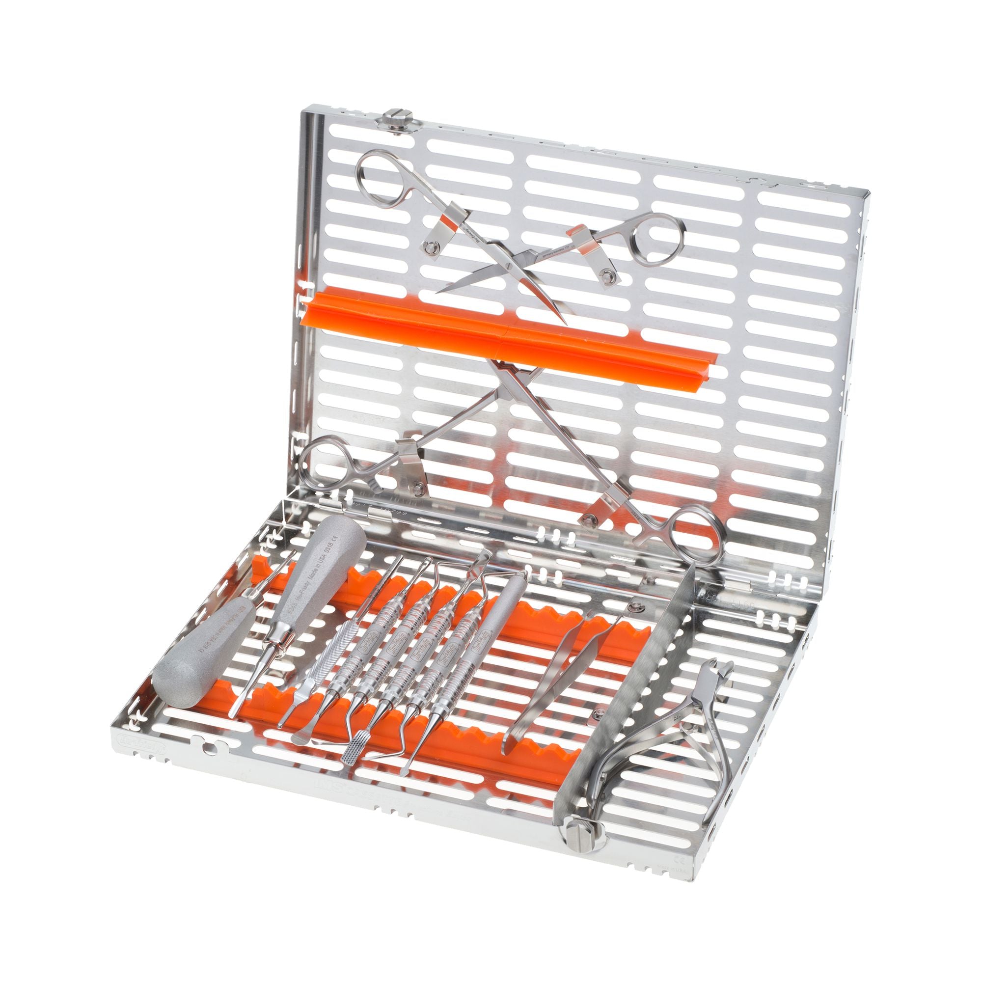 The Hu-Friedy Extraction Kit by Hu-Friedy features a perforated, hinged tray with orange rubber holders, neatly organizing dental tools like picks, scalers, and pliers inside.