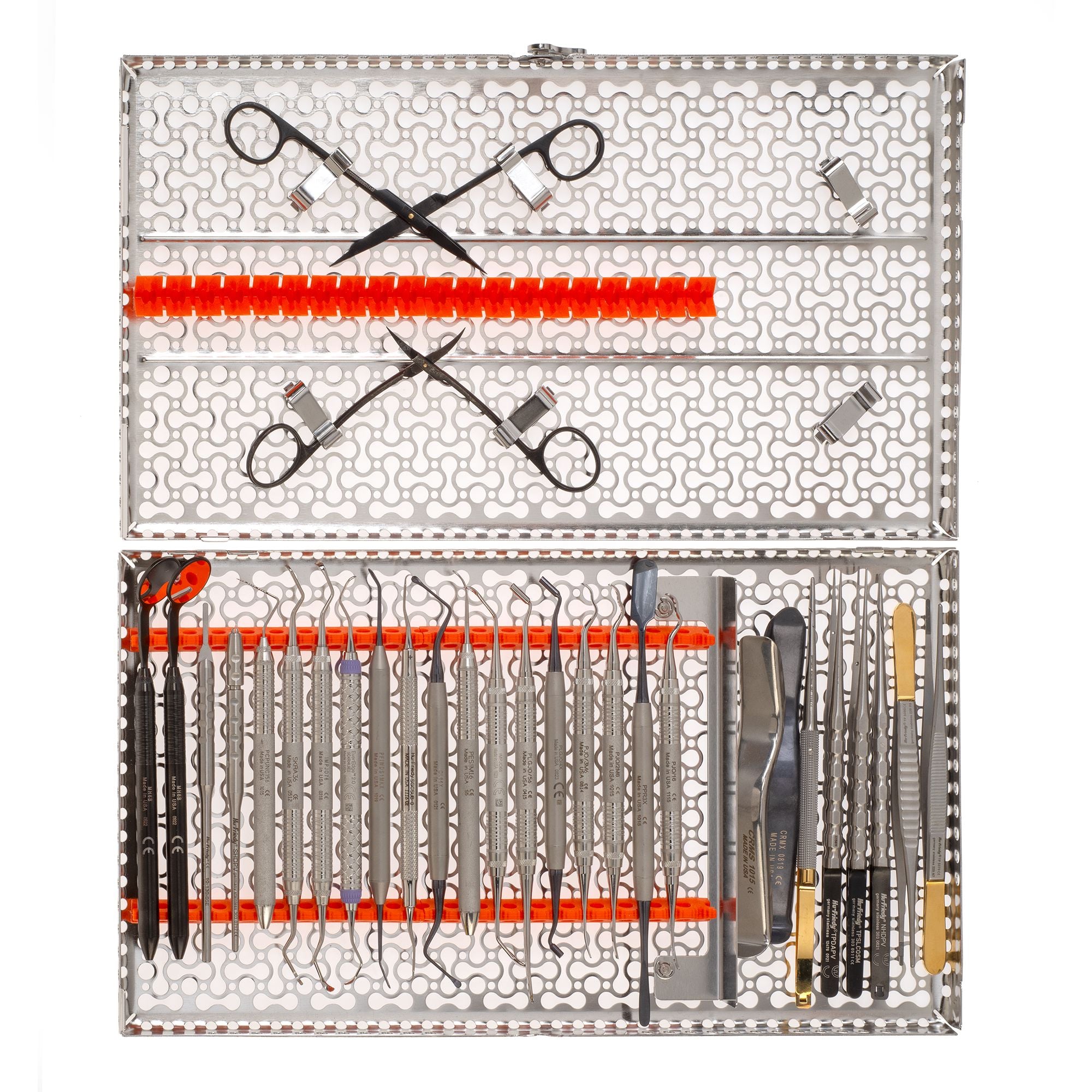 The Hu-Friedy Jovanovic Implant/Bone/Soft Tissue Kit features dental instruments like forceps, probes, and picks for implant surgery and sinus lift, all neatly arranged in orange holders within a perforated metal tray.