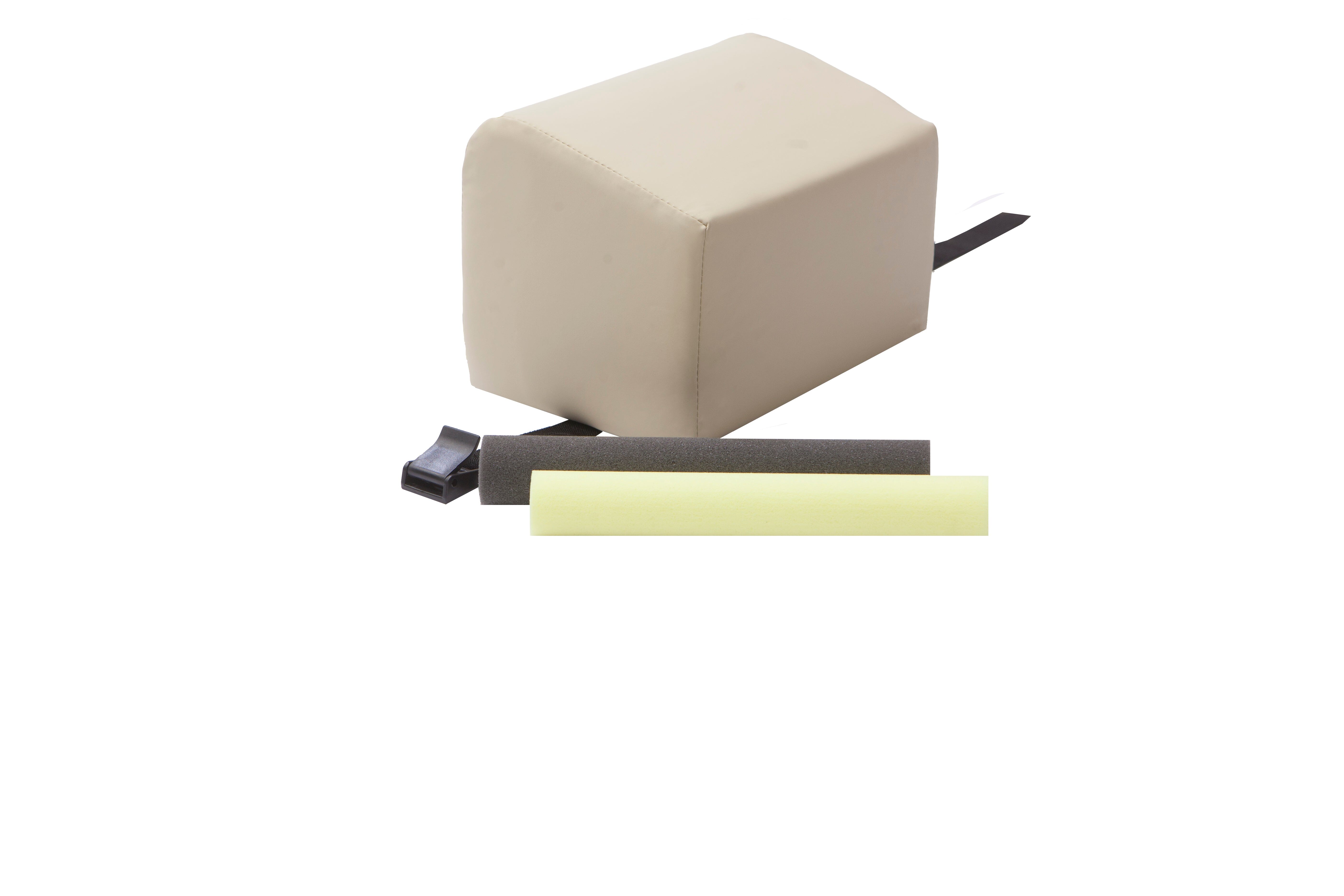 The Mediposture 6" iCore Geriatric Memory Headrest, a beige rectangular cushion with an attached strap, comes with a black strap and two foam pieces (black and light yellow), providing dental patient comfort on a white background.