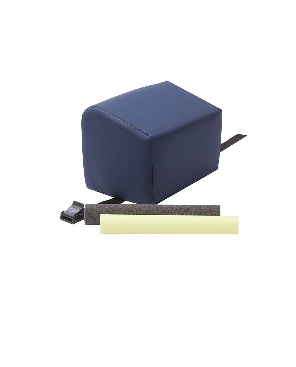 The Mediposture Dental Chair Overlay System w/6" iCore Geriatric Memory Headrest by Mediposture features a blue rectangular foam knee separator with a black strap, buckle, and two cylindrical inserts—dark gray and light yellow—shown on a white background.