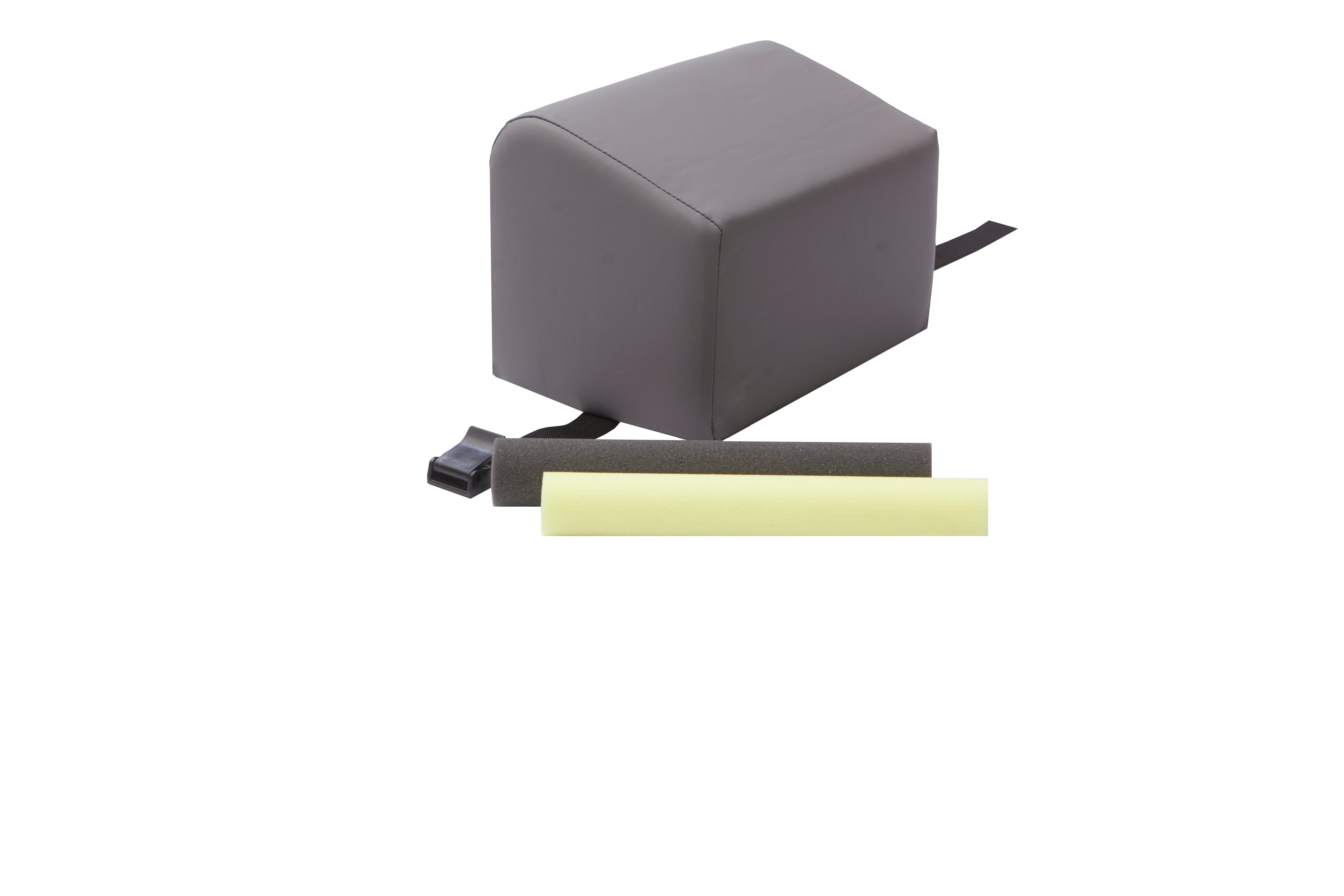 The Mediposture 6" iCore Geriatric Memory Headrest, a rectangular gray foam headrest with a strap, is shown behind black and yellow cylindrical foam tubes on white—ideal for dental patient comfort.