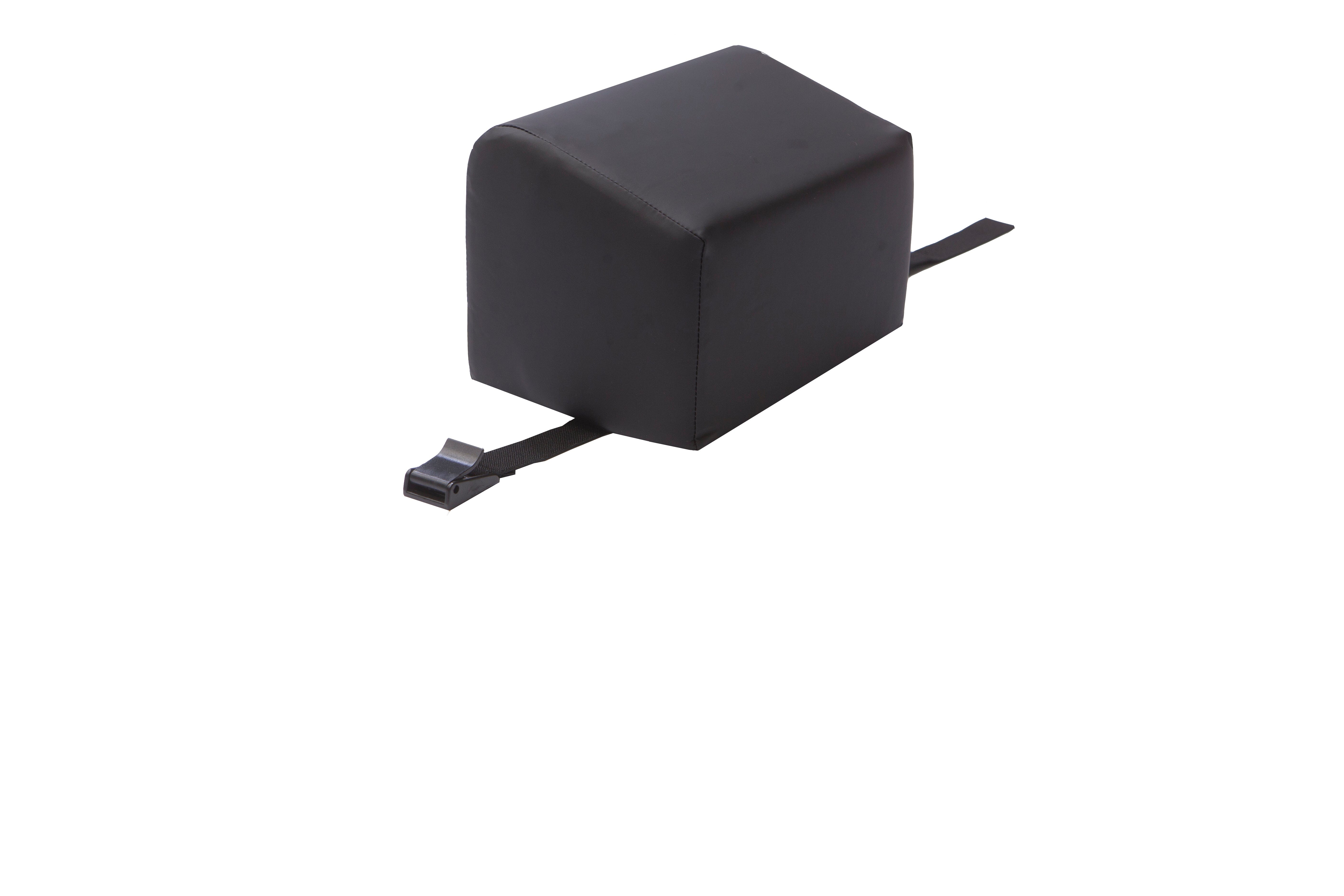The Mediposture 6" Classic Memory Headrest by Mediposture is a black, rectangular memory foam headrest with a strap and plastic buckle for patient comfort, shown on a white background.
