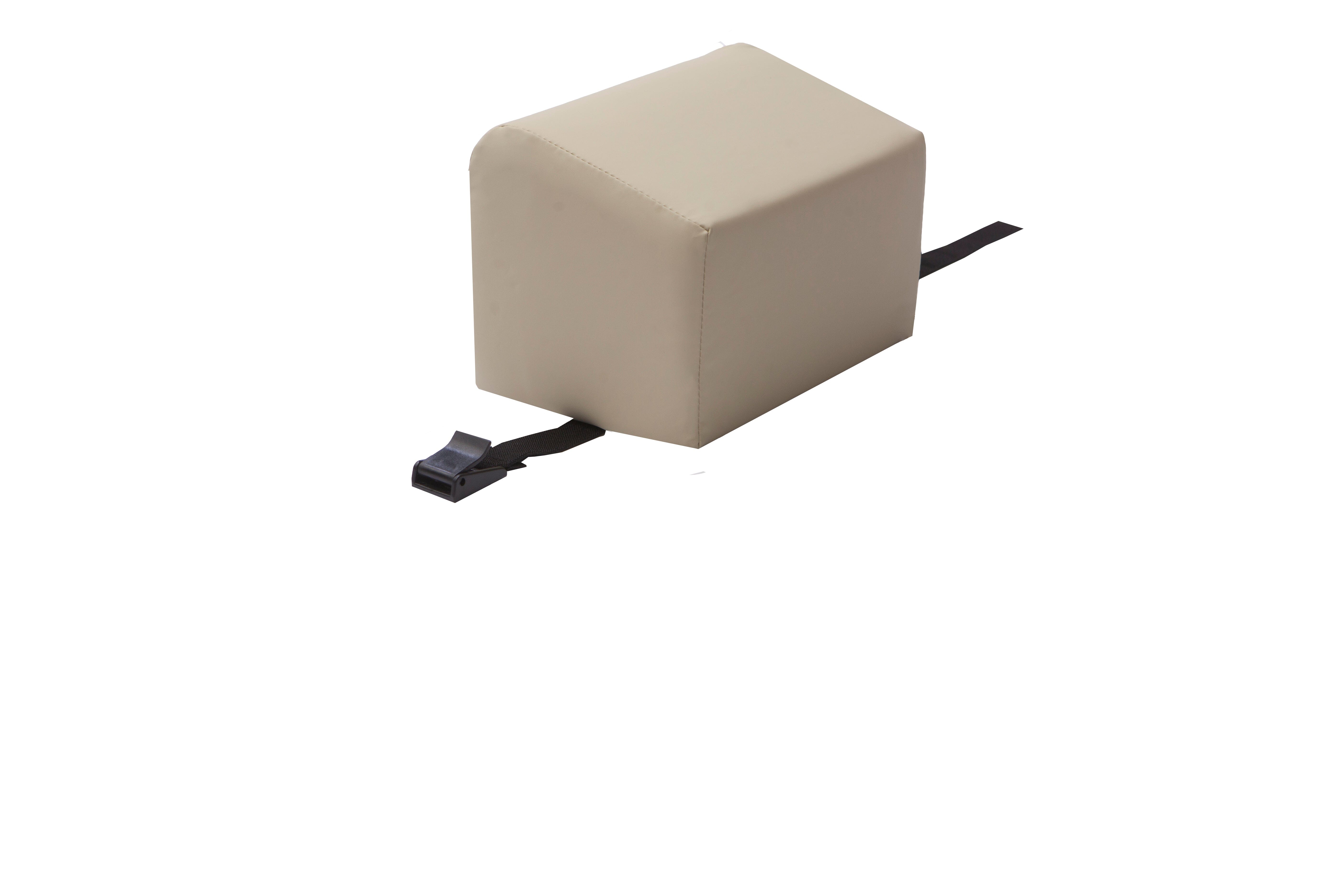 The Mediposture 6" Classic Memory Headrest by Mediposture is a beige, rectangular cushion with a rounded top and black strap with buckle at the base, designed for patient comfort, shown against a white background.