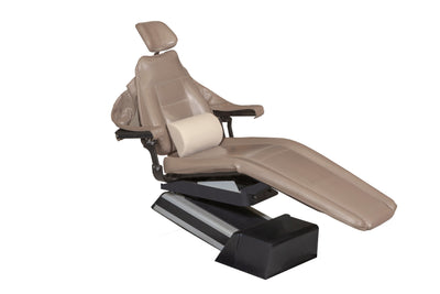 The Mediposture High-Support Dental Backrest by Mediposture is a brown leather chair with padded armrests, headrest, adjustable memory foam backrest, reclining leg support, and sits on a black and silver base for dental patient comfort.