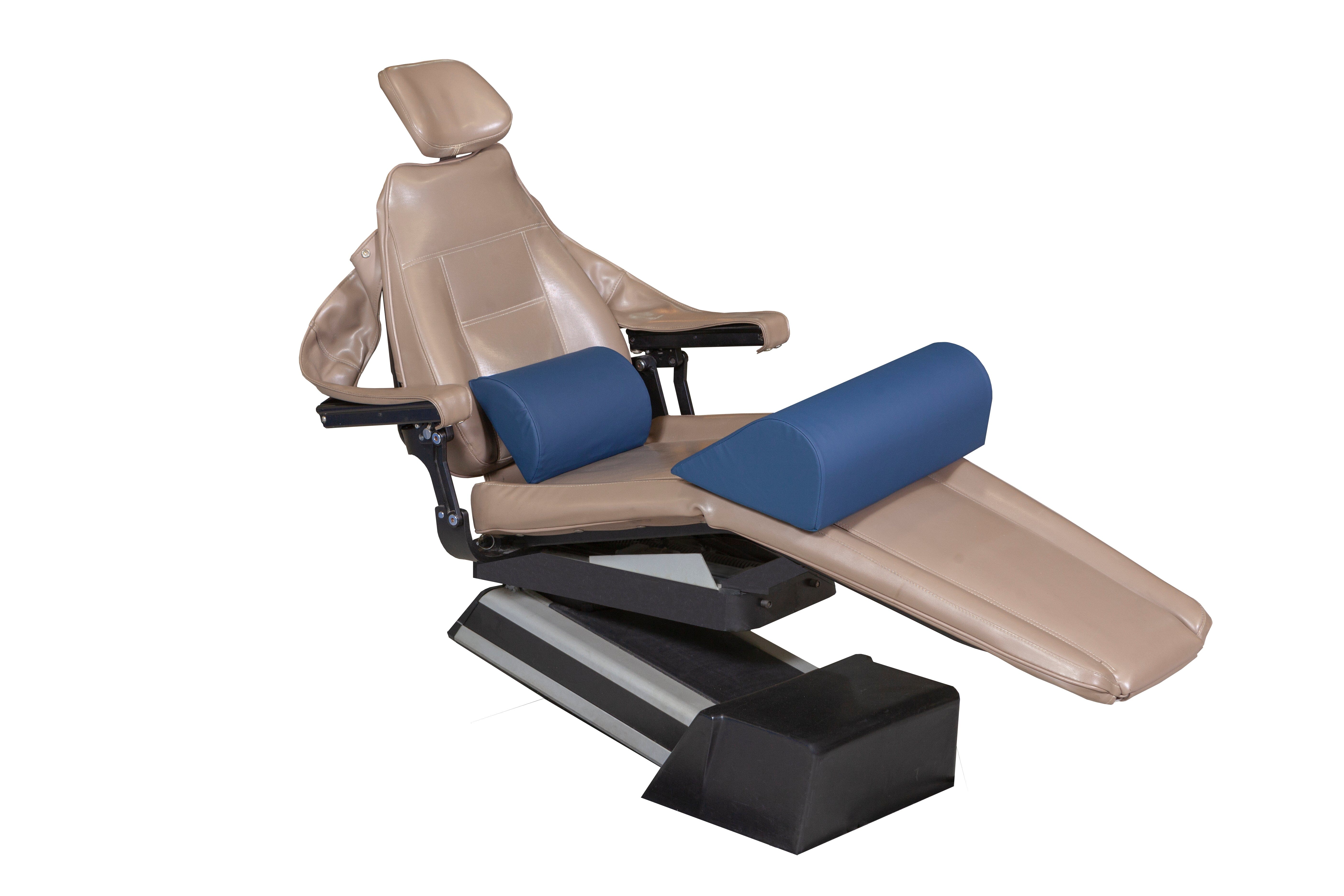 The Mediposture Knee Lift & iCore Memory Backrest Combo by Mediposture is a tan dental or medical chair accessory with blue padded bolsters for comfort, shown on a reclining chair with headrest and black base against a white background.