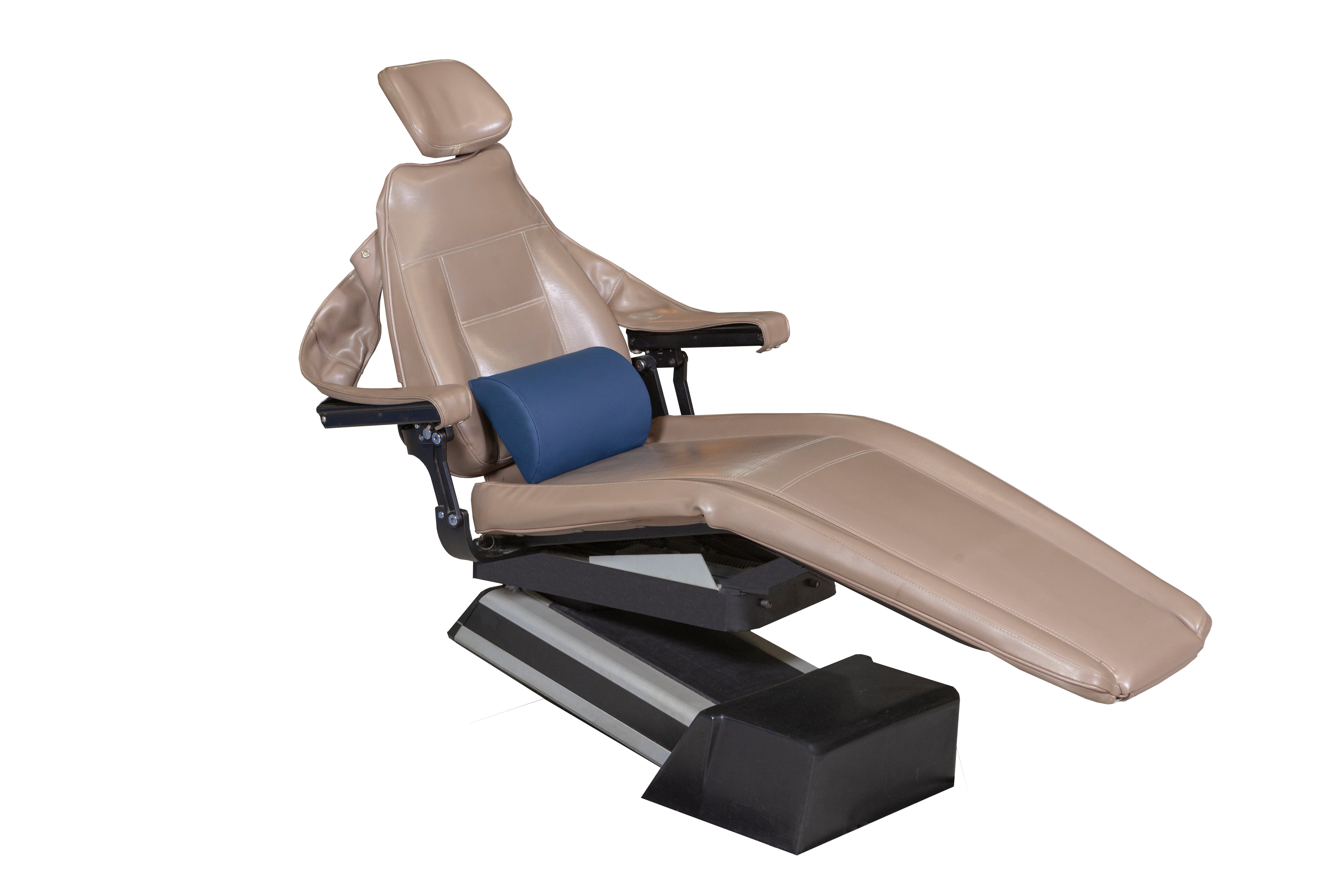 The Mediposture High-Support Dental Backrest by Mediposture, shown on a reclining brown dental or medical chair, features a blue memory foam backrest for enhanced patient comfort, isolated on a white background.