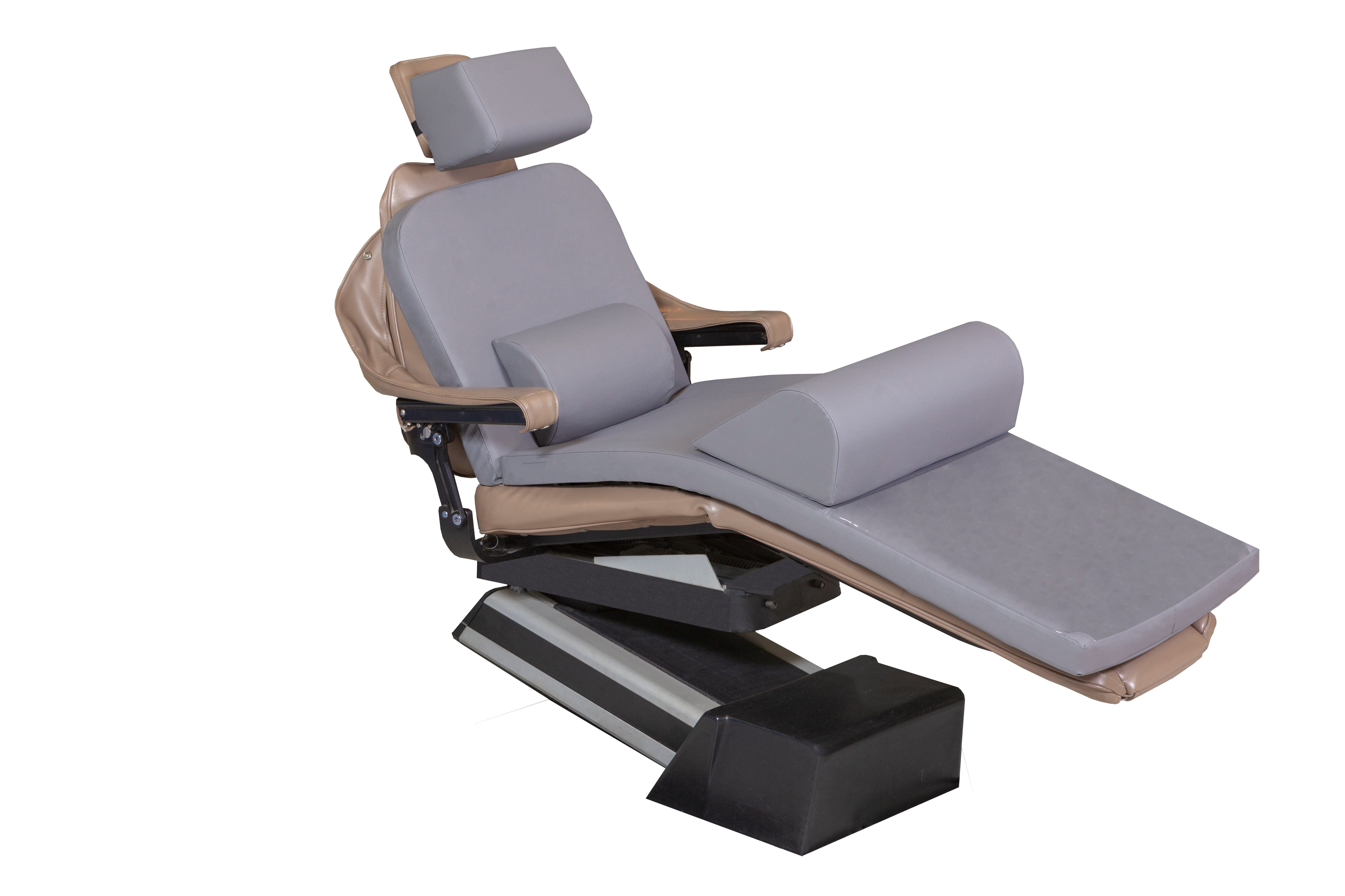 The Mediposture Dental Chair Overlay System with 6" Classic Geriatric Memory Headrest by Mediposture features gray and beige upholstery, padded armrests and footrest, and is designed for pressure relief, shown against a white background.
