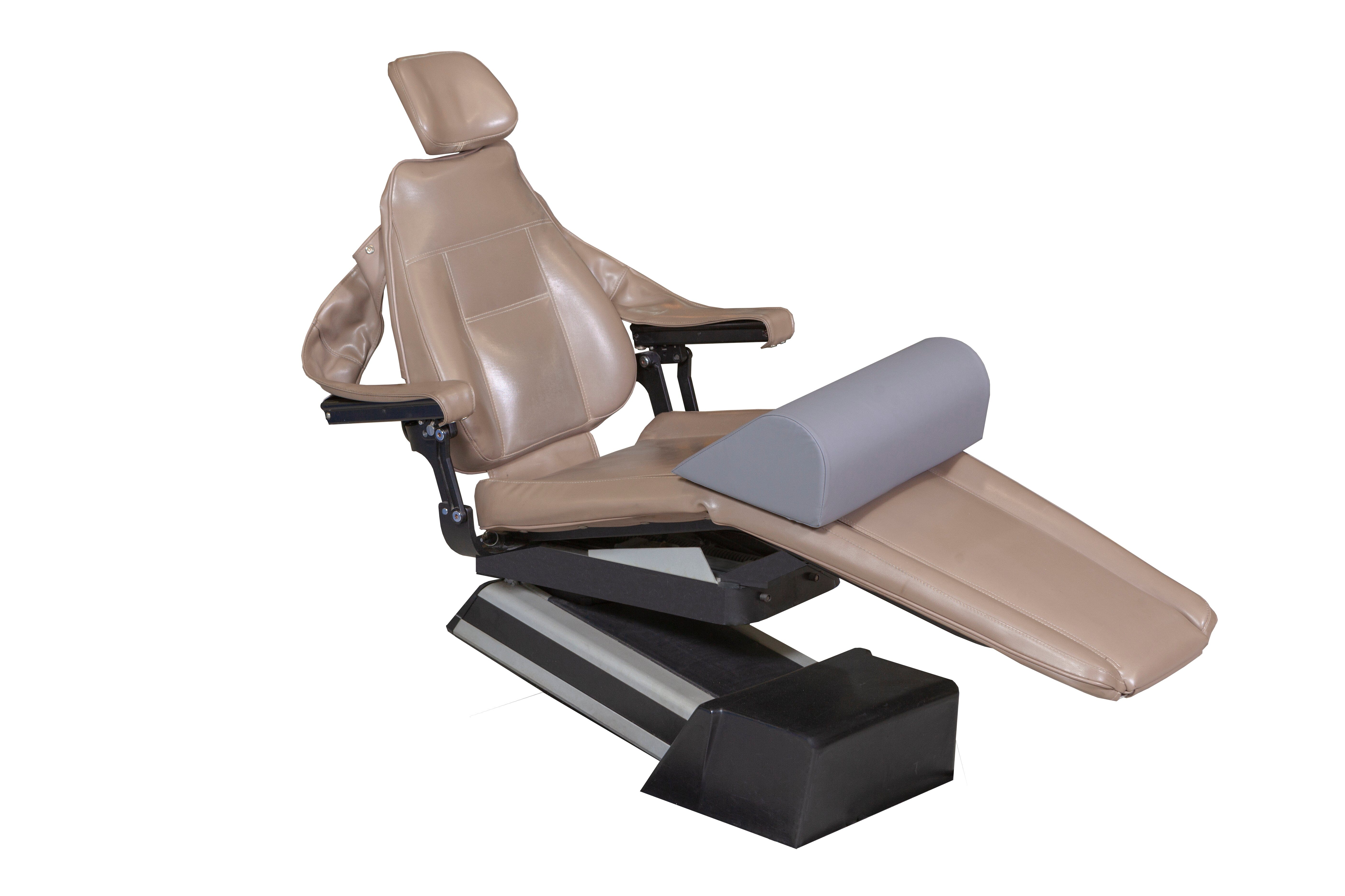 The Mediposture Dental Chair Knee Lift by Mediposture is a brown adjustable chair with armrests, headrest, and a gray leg-rest cushion designed for dental patient comfort and lower-back strain relief, shown isolated on a white background.
