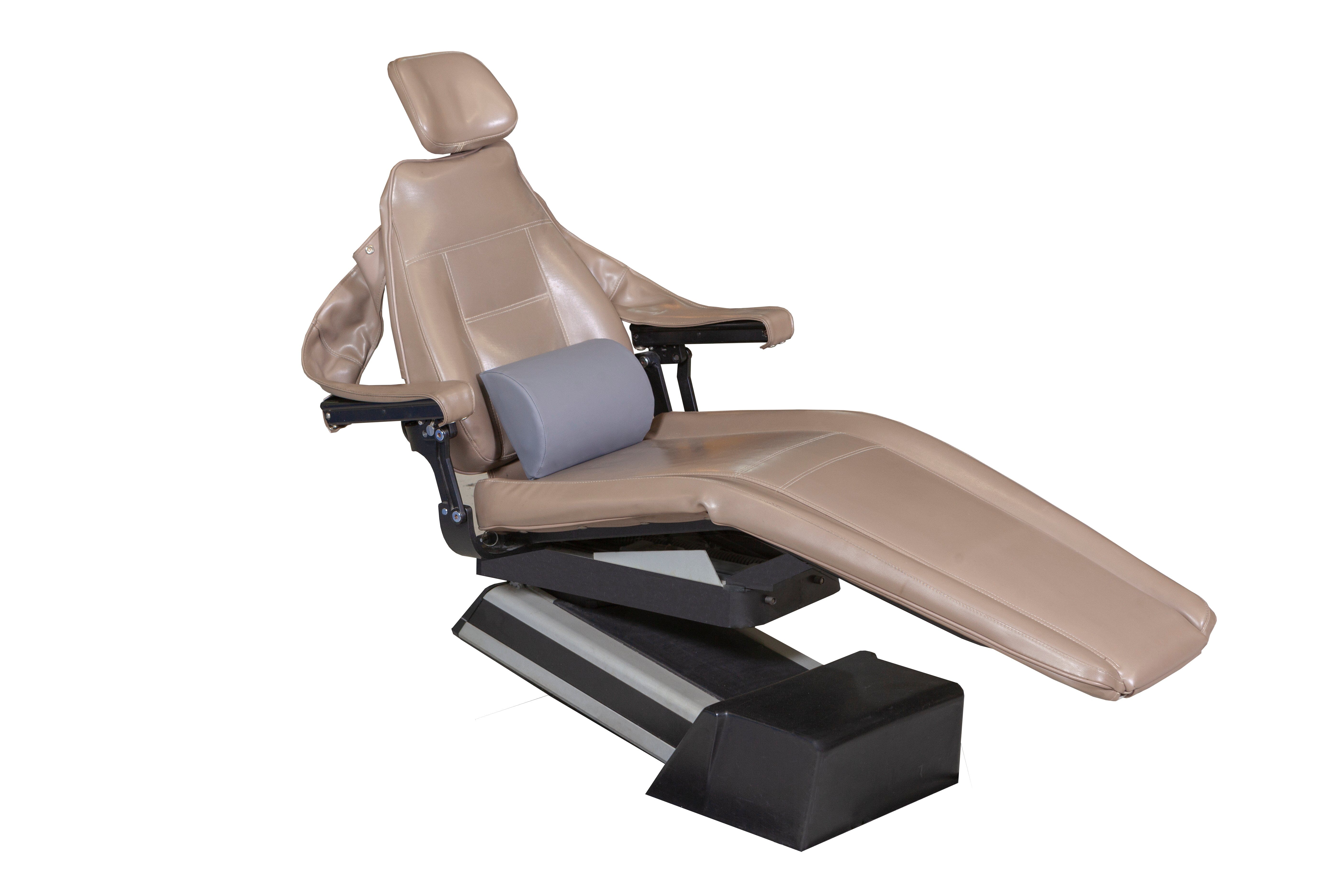 The Mediposture iCore Memory Backrest is a brown reclining dental chair with lumbar support, headrest, armrests, and footrest on a black and silver base, designed for patient comfort and shown isolated on a white background.
