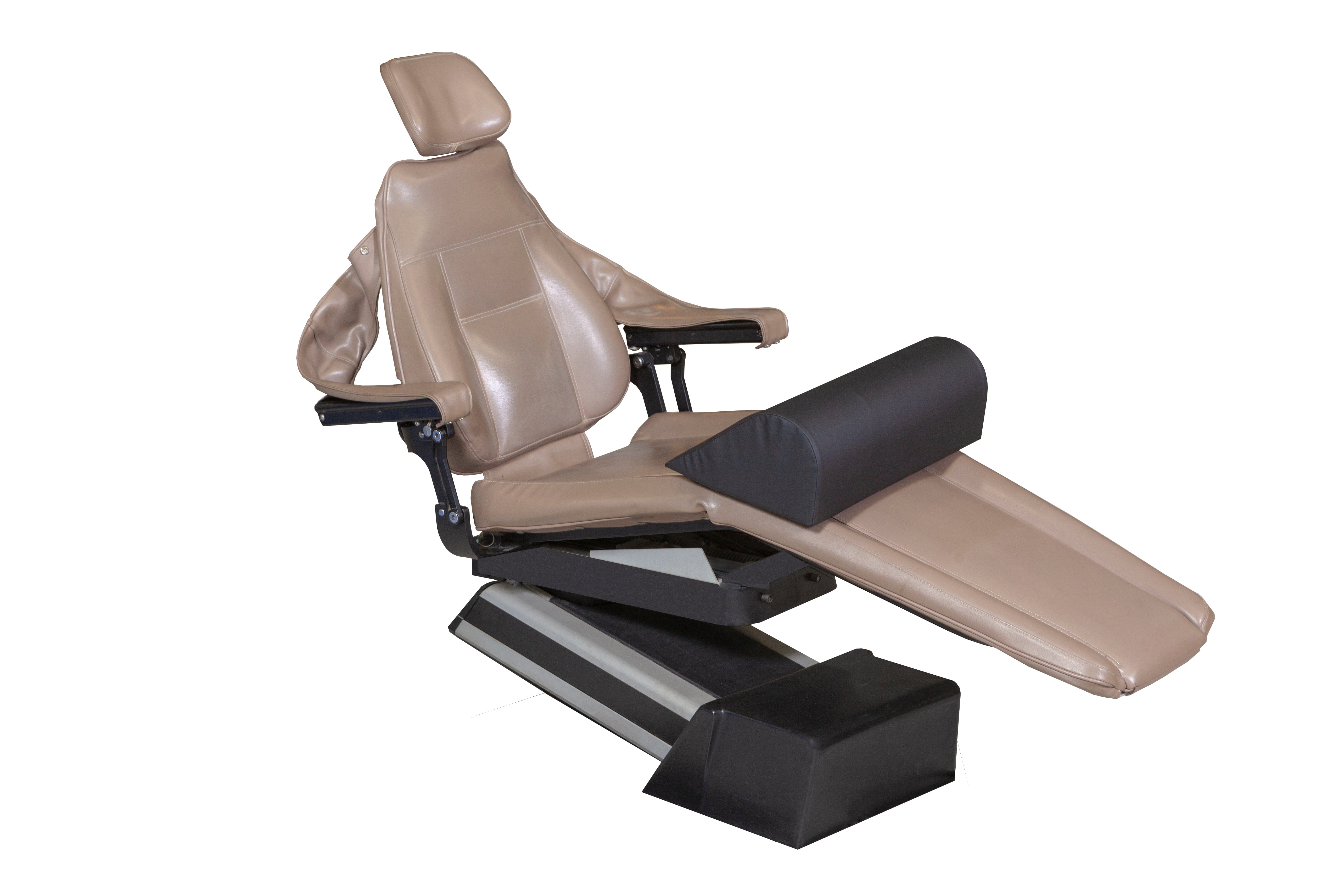 The Mediposture Dental Chair Knee Lift by Mediposture is a brown reclining chair with padded armrests, adjustable headrest, and angled leg support for dental patient comfort and back relief, set on a black base against a white background.