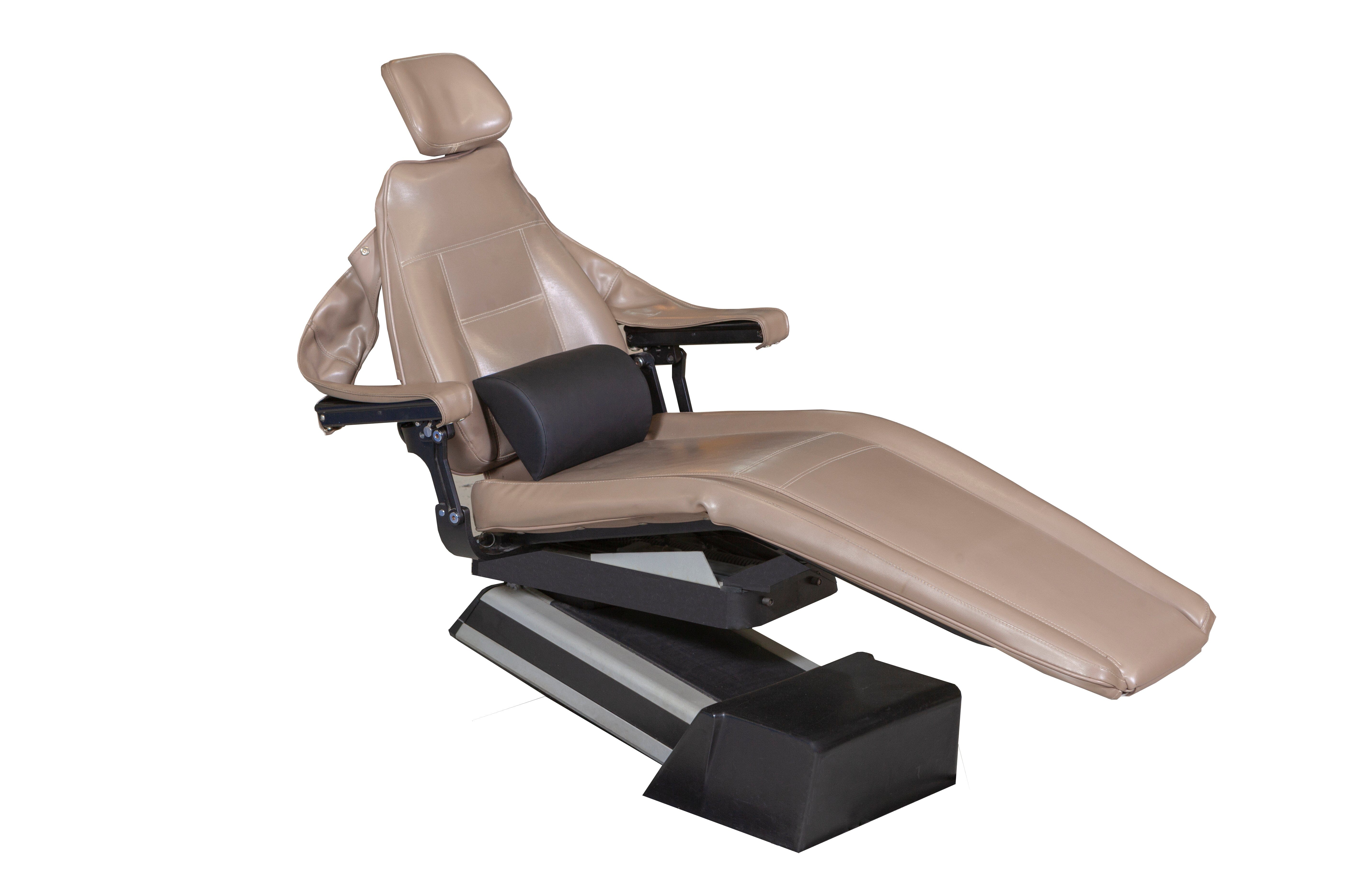 The Mediposture High-Support Dental Backrest by Mediposture is a brown reclining dentist or medical exam chair with armrests, headrest, black base, and memory foam backrest for enhanced patient comfort, shown on a white background.