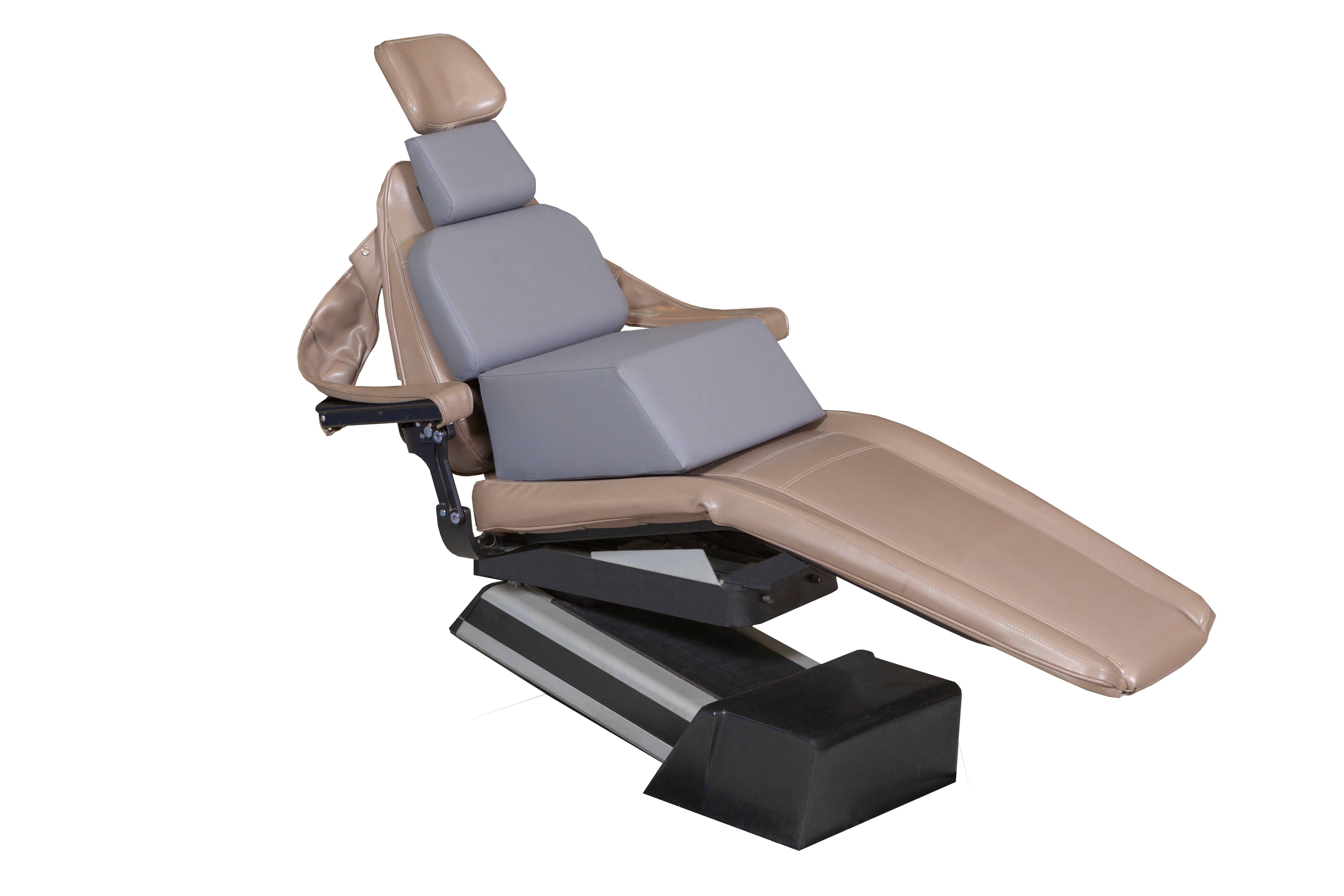 The Mediposture Child Booster Seat with Kiddie Headrest – Pediatric Dental Chair Combo by Mediposture features padded brown and gray cushions, armrests, a kiddie headrest, and a black metal base, isolated on a white background.