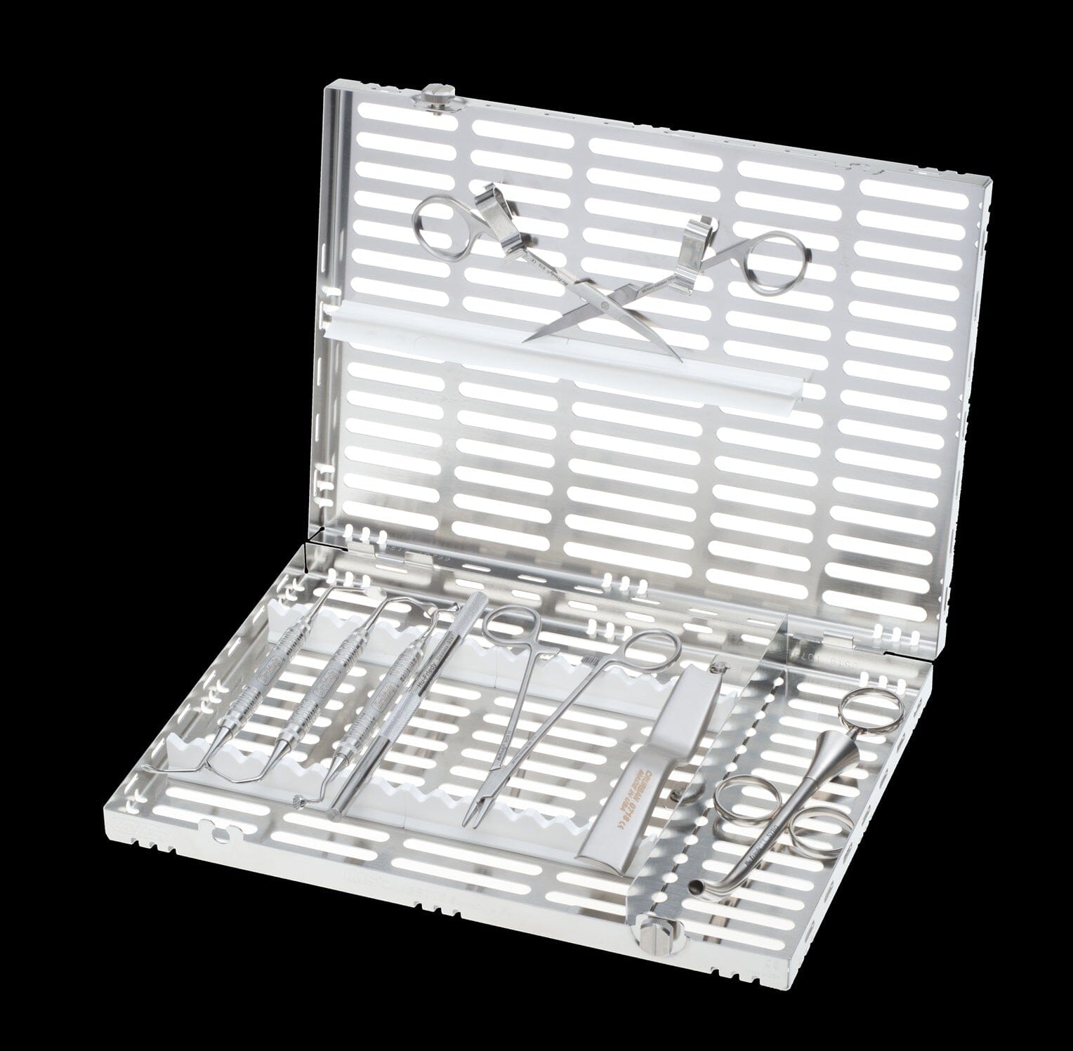 The Hu-Friedy Lateral Sinus Lift Kit features essential dental surgery tools, such as scissors, forceps, tweezers, and clamps, arranged in an open metal sterilization case with slots for organized and precise sinus lift procedures.