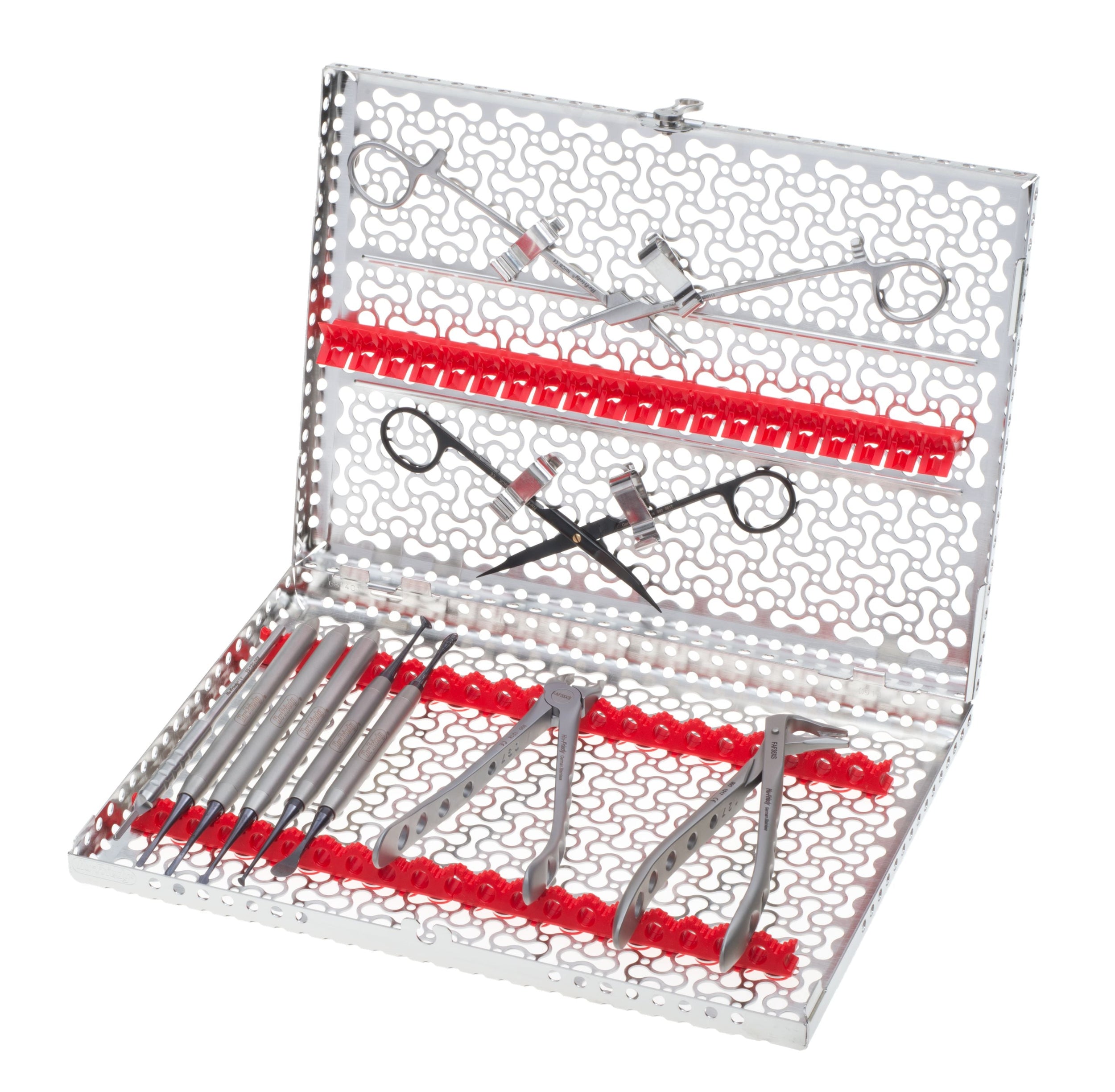 A Hu-Friedy Atraumatic Extraction Kit, Black Line, is displayed in an open stainless steel sterilization tray with red silicone holders, showing scissors, forceps, and other dental or surgical instruments.