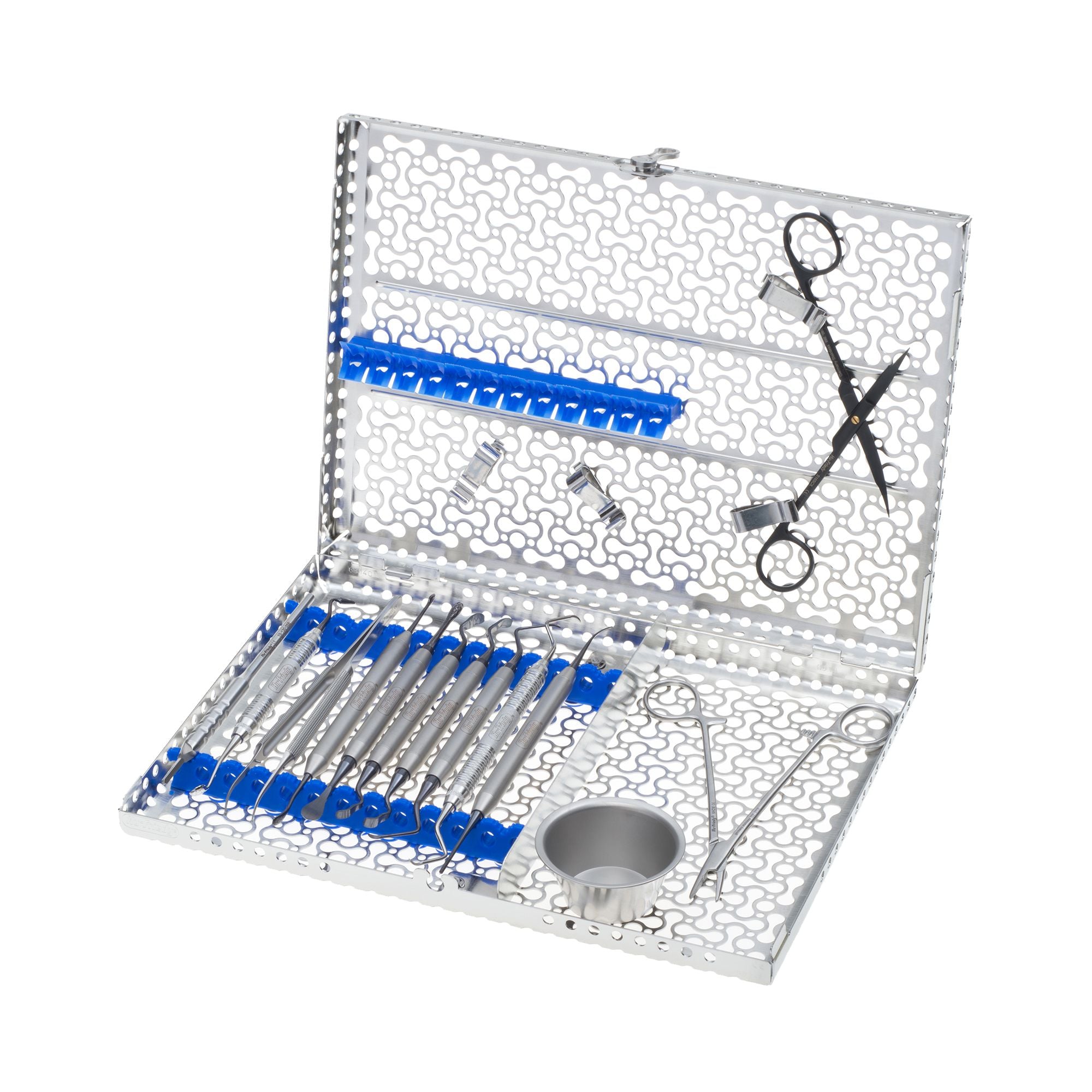 A metal case with a perforated design holds the Hu-Friedy Bone Grafting Kit, Black Line, organized in blue holders and featuring Black Line probes, tweezers, scissors, and a small metal bowl.