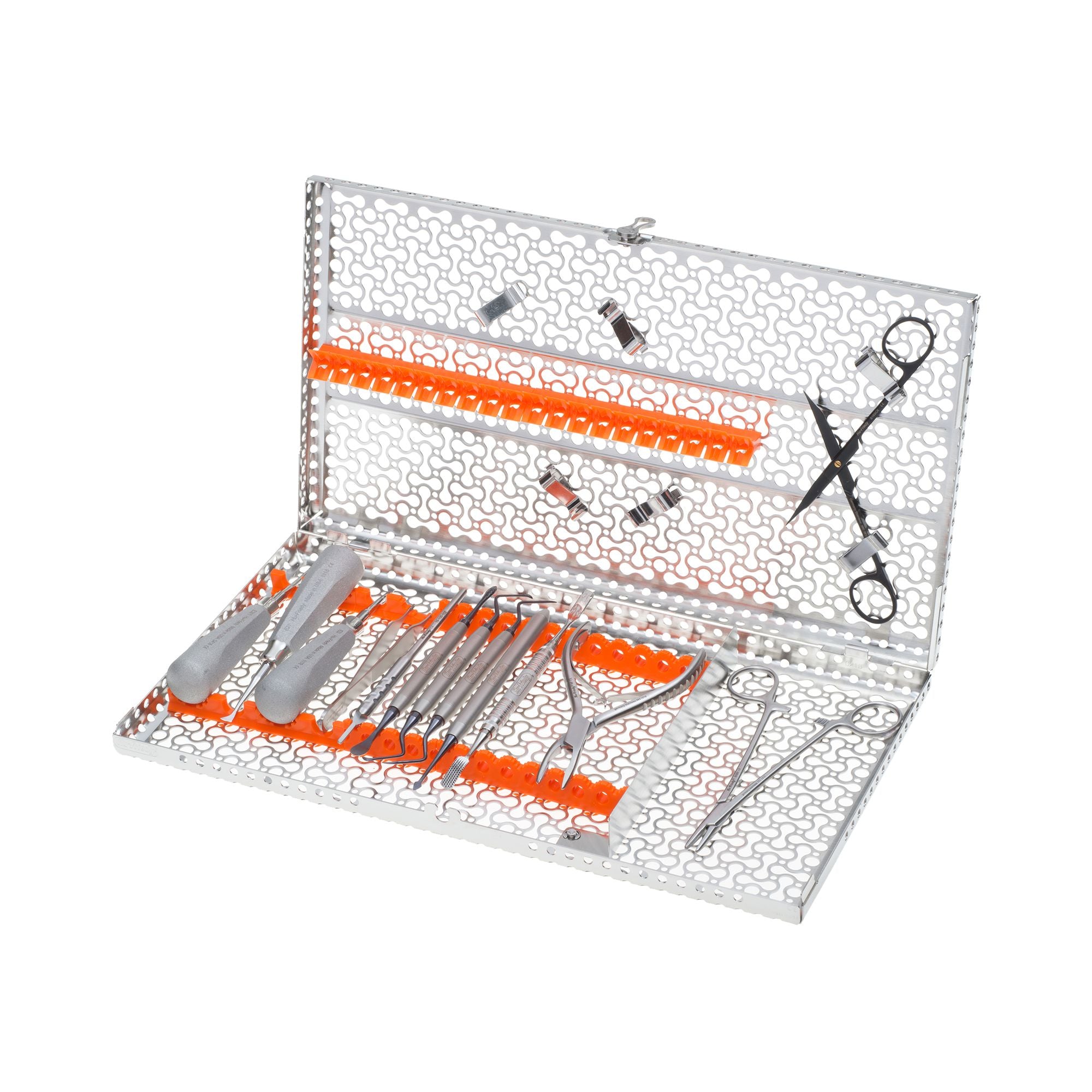 The Hu-Friedy Extraction Kit, Black Line by Hu-Friedy features a metal sterilization tray with orange silicone holders, displaying neatly organized AlTiN-coated instruments ideal for surgical tooth extractions.