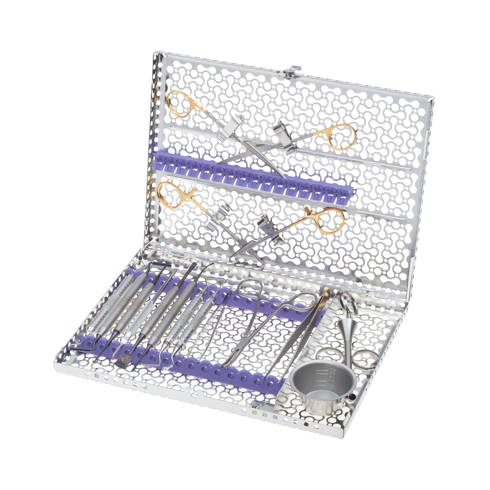 A Hu-Friedy Keys Socket Grafting Kit is open, displaying various medical tools—including forceps, scissors, scalpels, Aluminum Titanium Nitride instruments, and a metal cup—secured by purple clips.