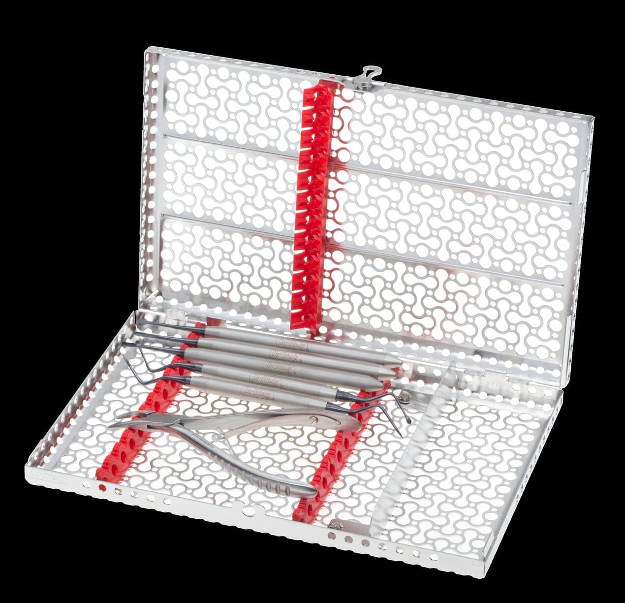 The Hu-Friedy Rescue Kit, Black Line, features a perforated metal case with a hinged lid, containing multiple dental instruments secured by red holders, shown on a black background.