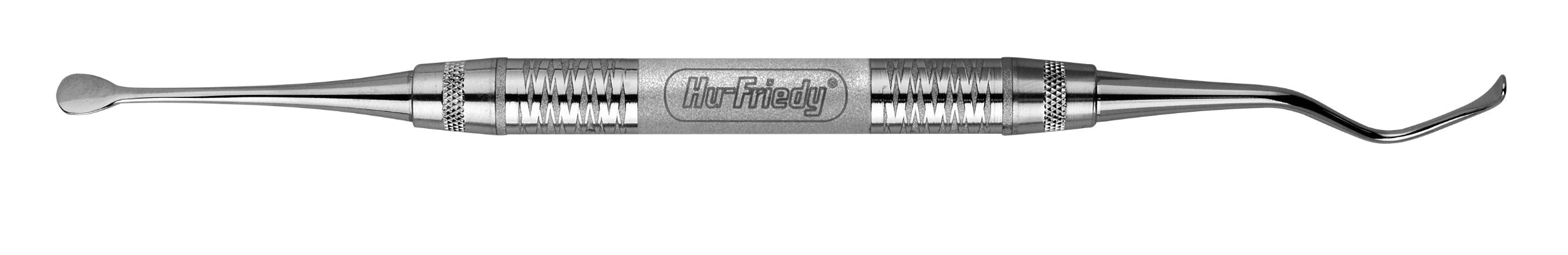 The Hu-Friedy Simion Sinus Lift Curette is a stainless steel dental tool with a flat, rounded end on one side and a curved, pointed end on the other, featuring a textured grip and "Hu-Friedy" engraved in the center.