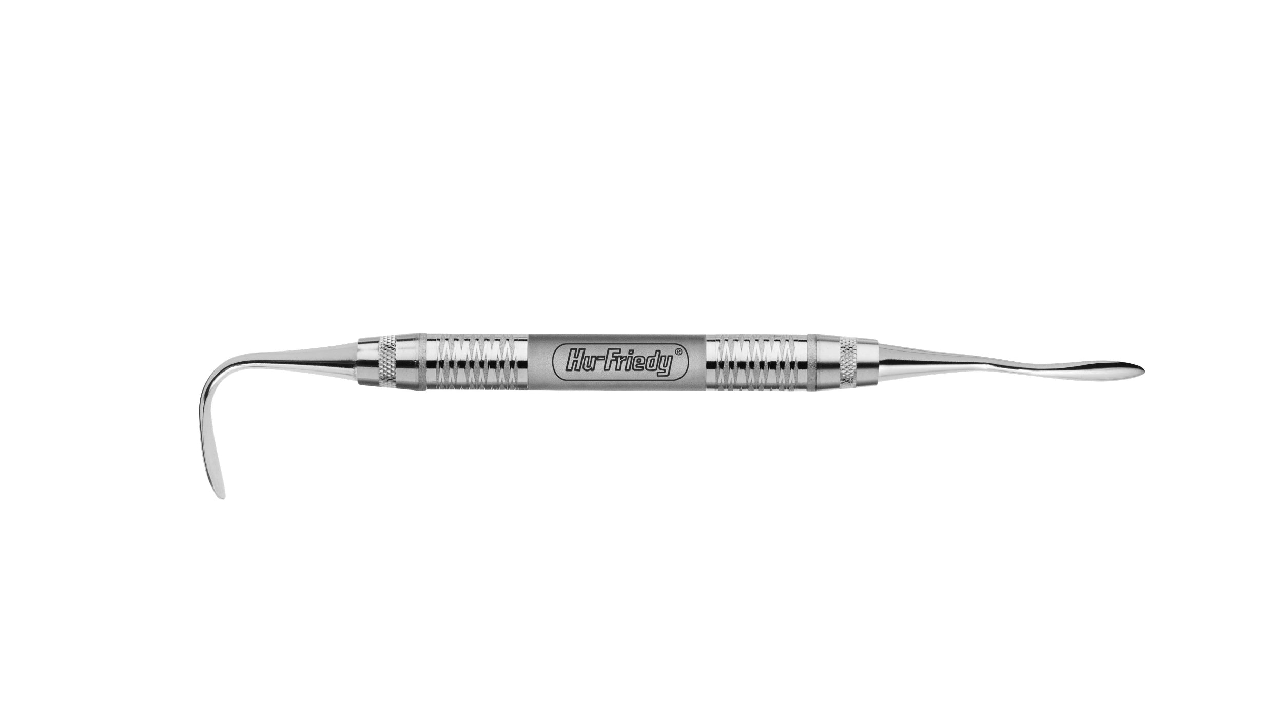 The Hu-Friedy #7 Sinus Curette is a stainless steel dental tool with a curved hook on one end and a flat, rounded blade on the other, ideal for Schneiderian membrane elevation. It features the Hu-Friedy brand label.