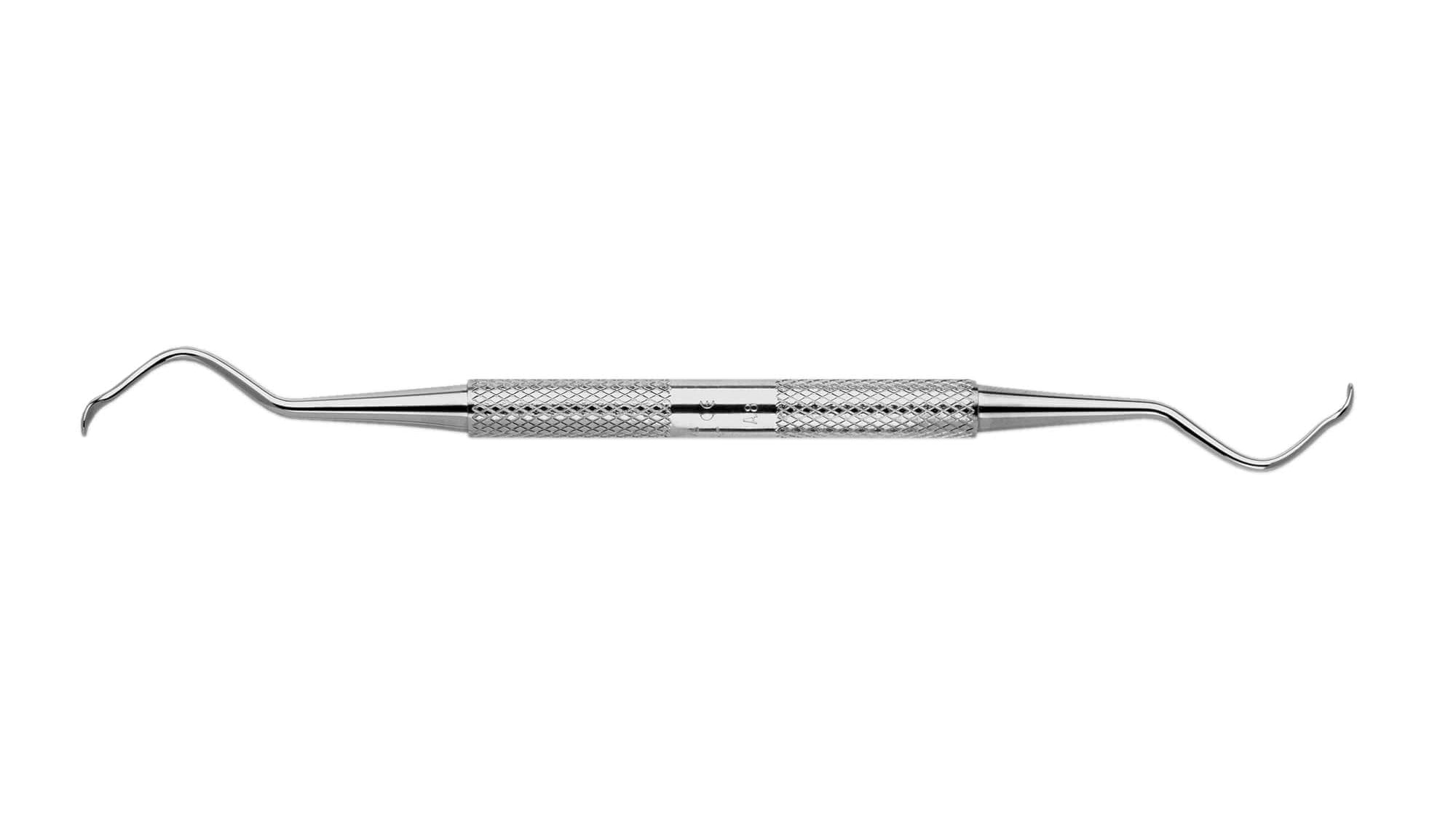 The Hu-Friedy IMPLANT Instrument is a stainless steel dental tool with a textured grip and curved, pointed ends on both sides, designed for cleaning teeth or examining the mouth, ensuring precise handling during dental procedures.