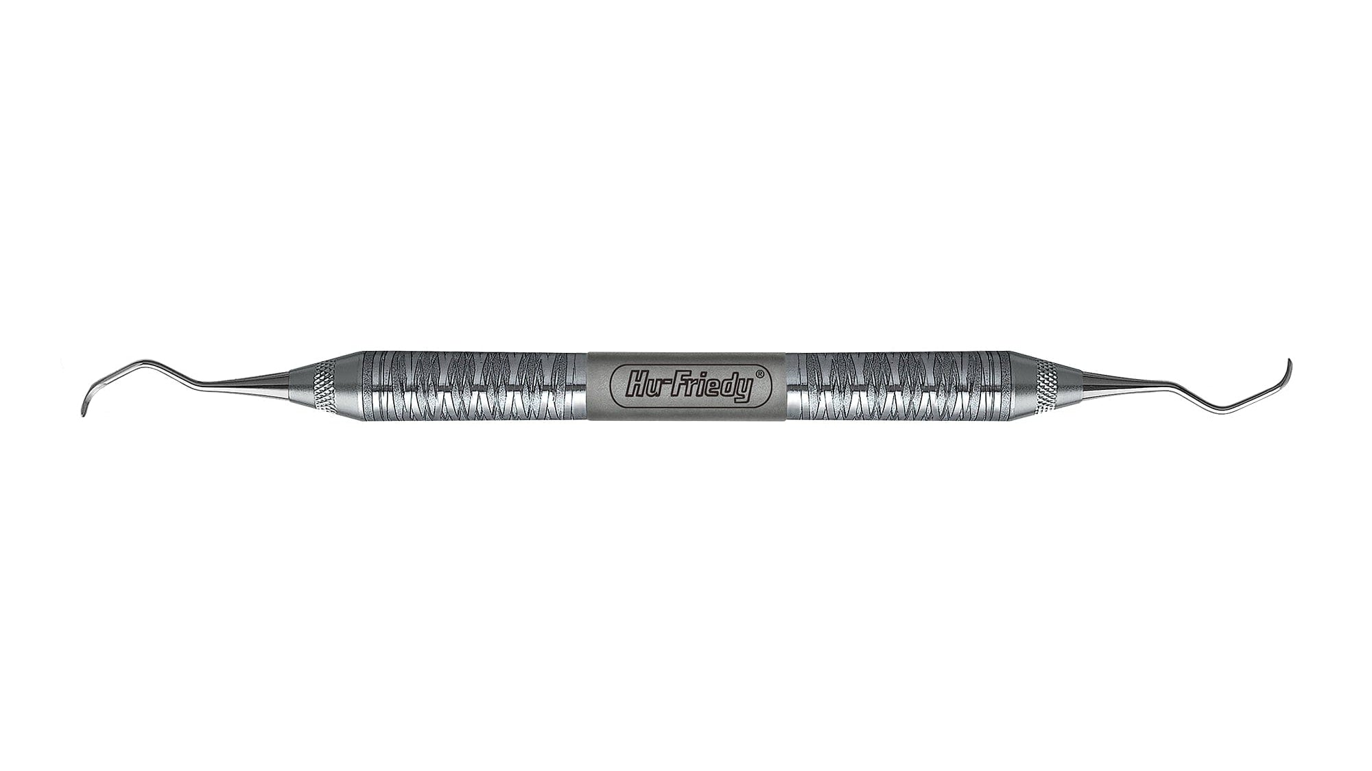 The Hu-Friedy Urban Tact Kit Removal Instrument is a double-ended metal dental tool with a textured grip and curved, pointed tips on each end, designed for examining or cleaning teeth.