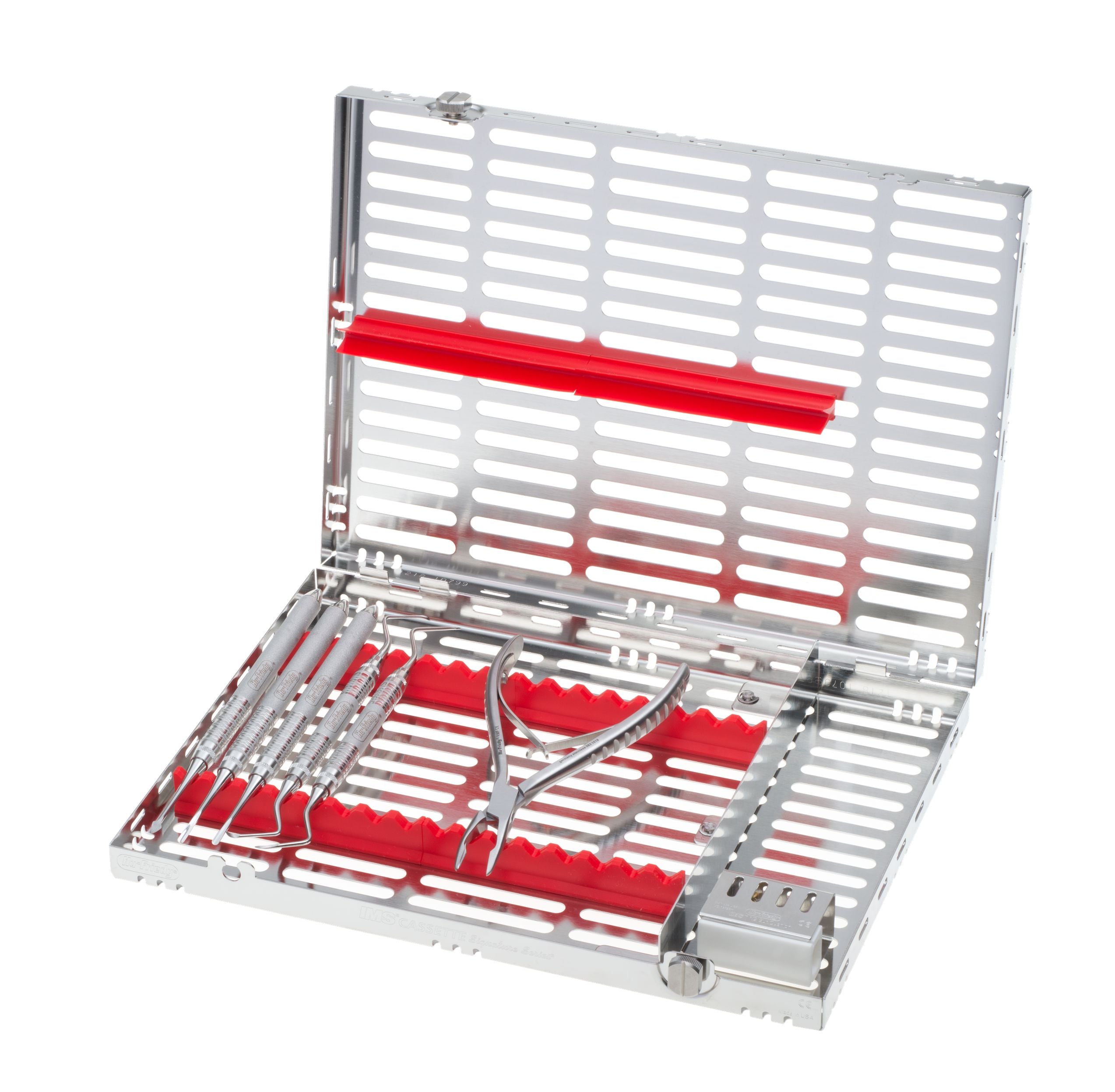 The Hu-Friedy Rescue Kit by Hu-Friedy is a metal dental instrument cassette with a hinged lid, securing various tools—including probes and forceps for root retrieval—in red silicone slots.