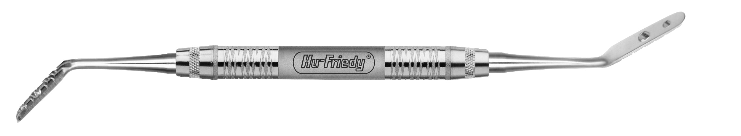 The Hu-Friedy Zingheim Implant Surgery & Abutment Periosteals is a stainless steel periosteal elevator with a textured grip and angled, flat ends—ideal for regenerative procedures and implant placement in dental practices.