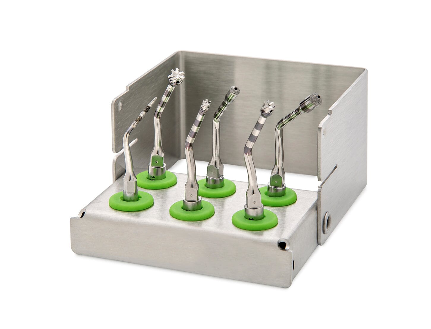 The W&H Instrument Kit "Crestal A" for Piezomed is a metal tray holding six green-based dental tools with varied tips, arranged in two rows and designed for specialized medical or dental procedures.