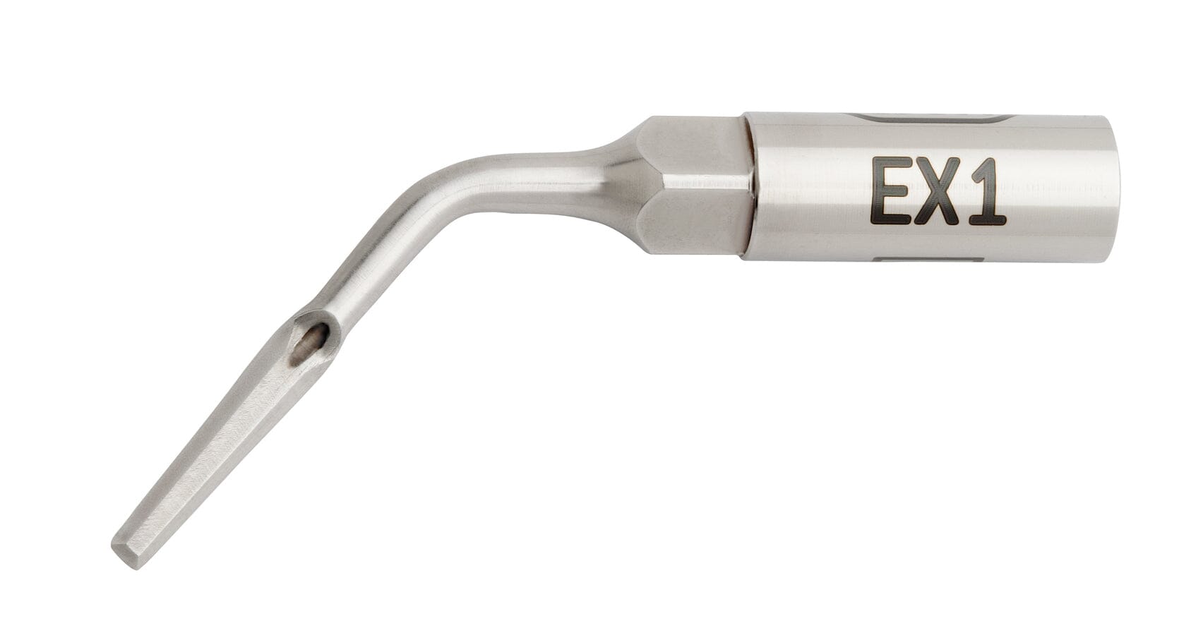 A close-up of a W&H Piezomed Extraction Tip (EX1) shows its metallic, slightly curved, flat, and angled tip with an opening near the end—ideal for atraumatic tooth extraction and alveolar bone preservation—on a white background.