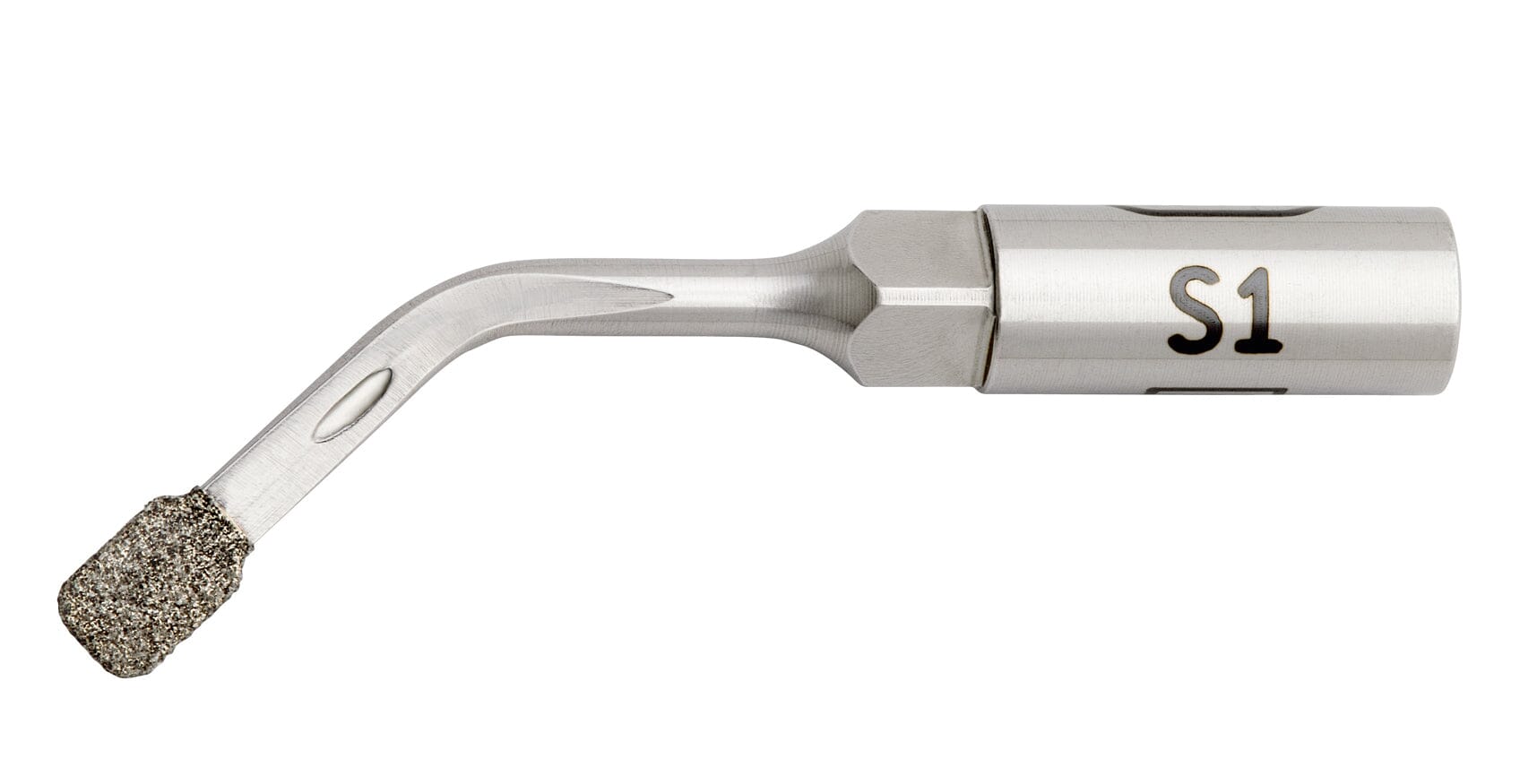 The W&H S1 tip for Piezomed is a metal dental tool with a textured, angled S1 tip and "S1" engraved on its cylindrical handle, designed for sinus surgery, shown on a white background.