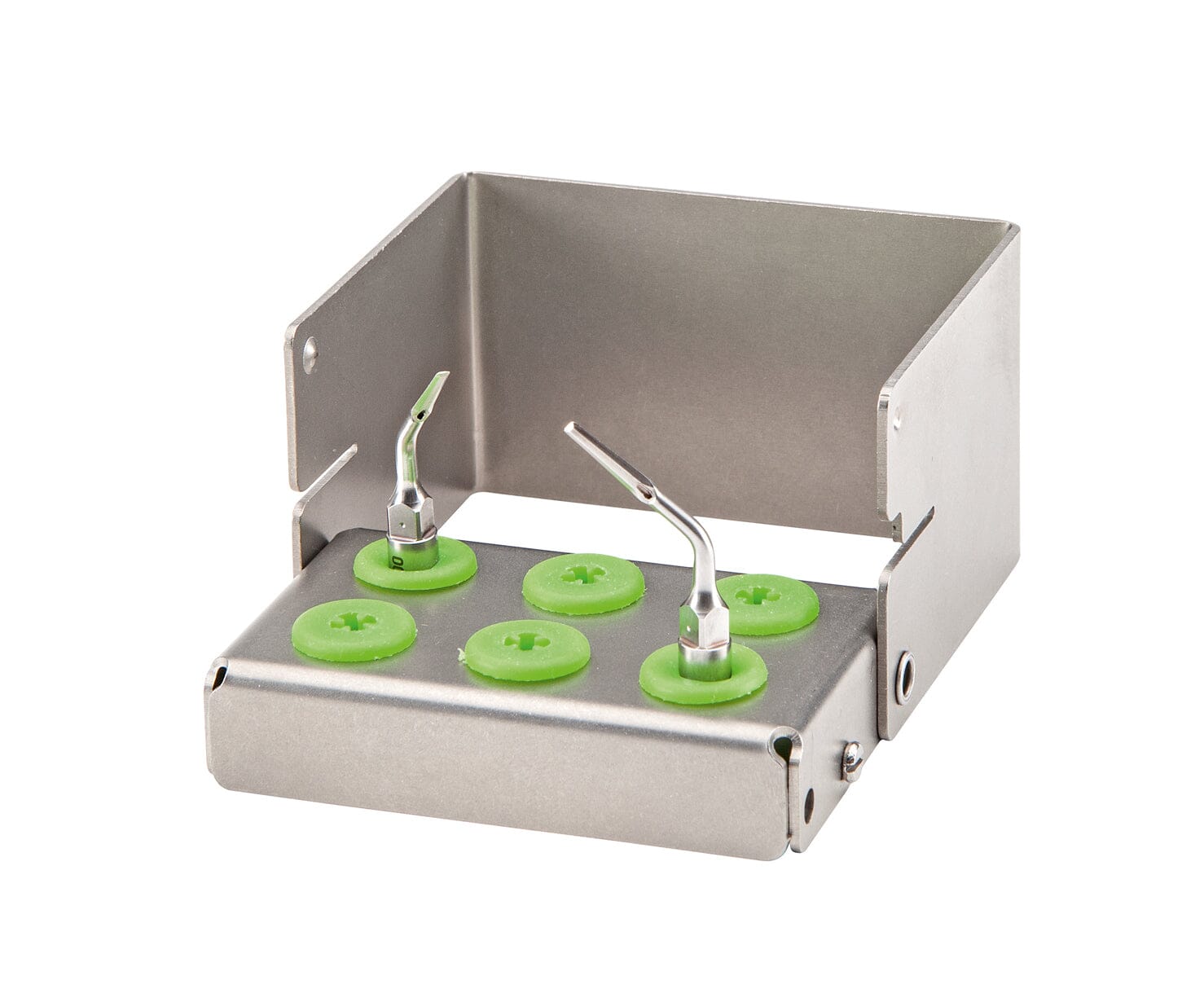 The W&H Instrument set "EX" for Piezomed features a stainless steel holder with four green silicone rings and two angled metal dental tips, shown on a white background.