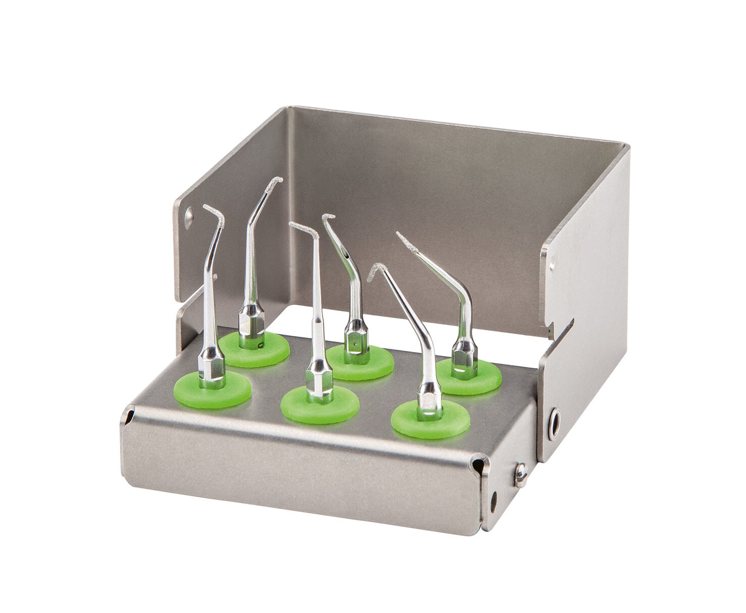 The W&H Instrument set "Endo" for Piezomed includes six metal dental scaler tips with green bases in a stainless steel holder, displayed on a white background.