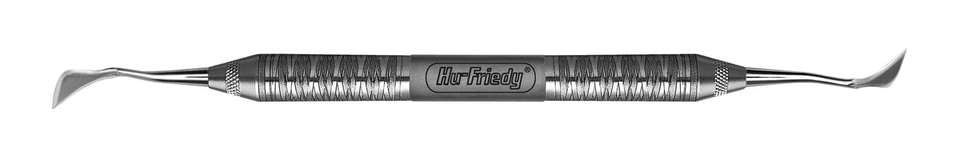 The Hu-Friedy Kirkland Knives by Hu-Friedy are metal dental tools with textured grips and curved scraper ends, designed for periodontal procedures like gingivectomy, shown against a white background.