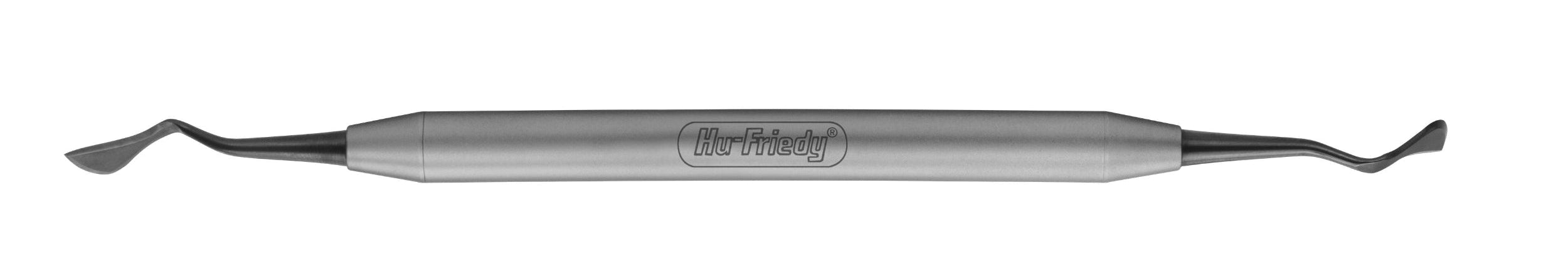 The Hu-Friedy 15/16 Kirkland Double-Ended Knife is a stainless steel periodontal instrument with angled, flat ends on both sides for shaping and contouring dental materials, engraved with “Hu-Friedy” on the handle.