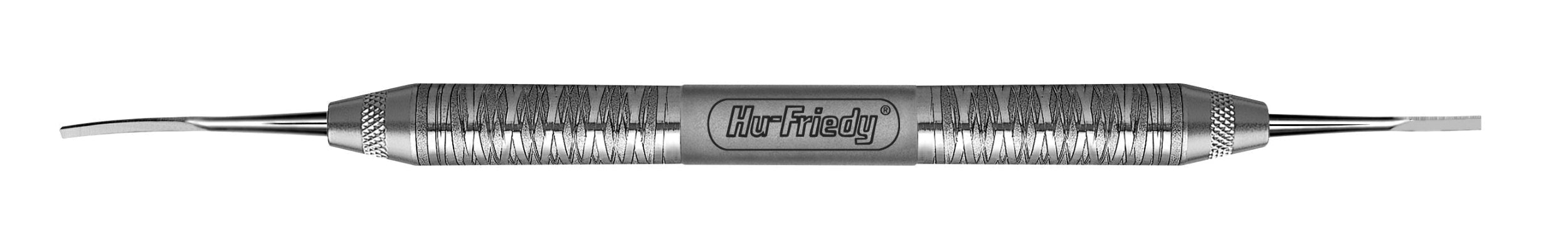 The Hu-Friedy 1/2 Kramer-Nevins DE Periodontal Bone Chisel is a metal instrument with textured handles and curved tips, ideal for precise bone recontouring in dental procedures. The Hu-Friedy brand is labeled at the center.